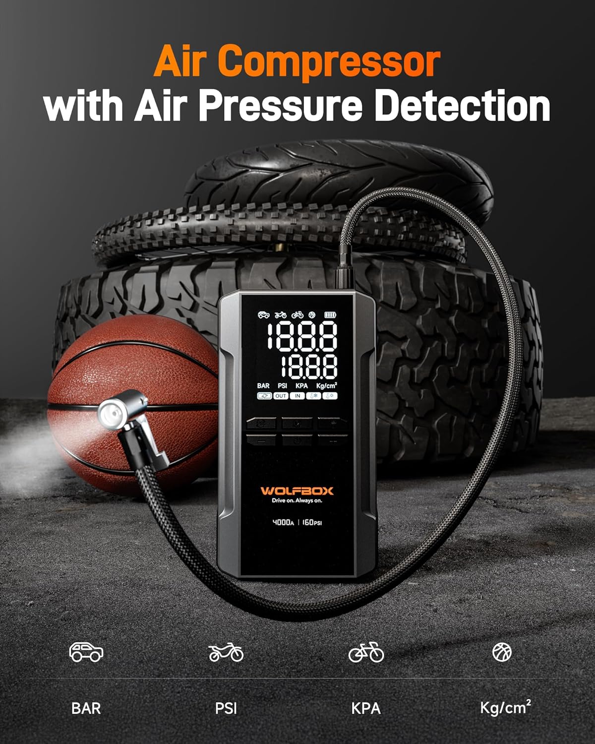 WOLFBOX 4000A Jump Starter with 160PSI air Compressor and 65W Fast Charge Adapter