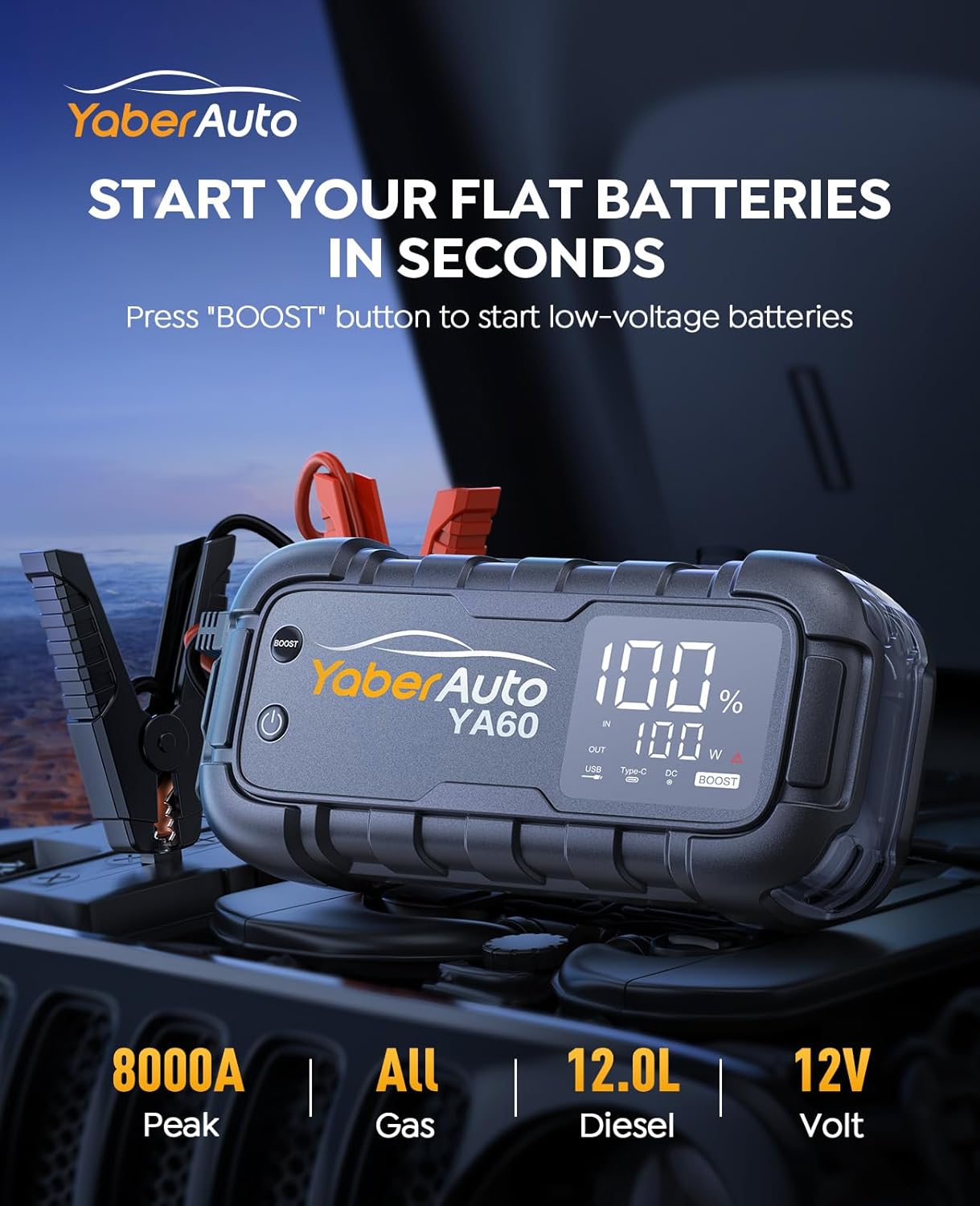 YaberAuto Jump Starter 8000A 65W Fast Charging (All Gas/12.0L Diesel) Portable Car Battery Jump Starter Pack, Jump Box Car Battery Jumper Starter Portable Jumper Cables, 150W DC, 600LM Lights YaberAuto Jump Starter 8000A 65W Fast Charging (All Gas/12.0L Diesel) Portable Car Battery Jump Starter Pack, Jump Box Car Battery Jumper Starter Portable Jumper Cables, 150W DC, 600LM Lights