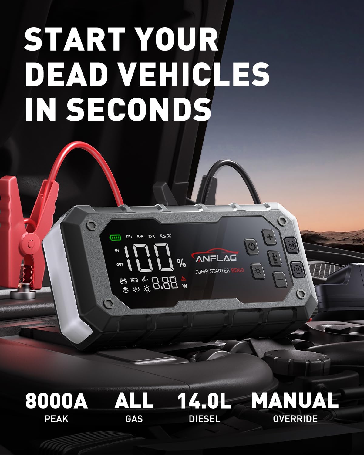 10-in-1 Car Jump Starter with Air Compressor, 8000A 160PSI Jump Starter Jump Box(All Gas/12L Diesel), PD65W Charging Battery Jumper Starter Portable Jumper Cable with 160W DC, Gloves, Lights