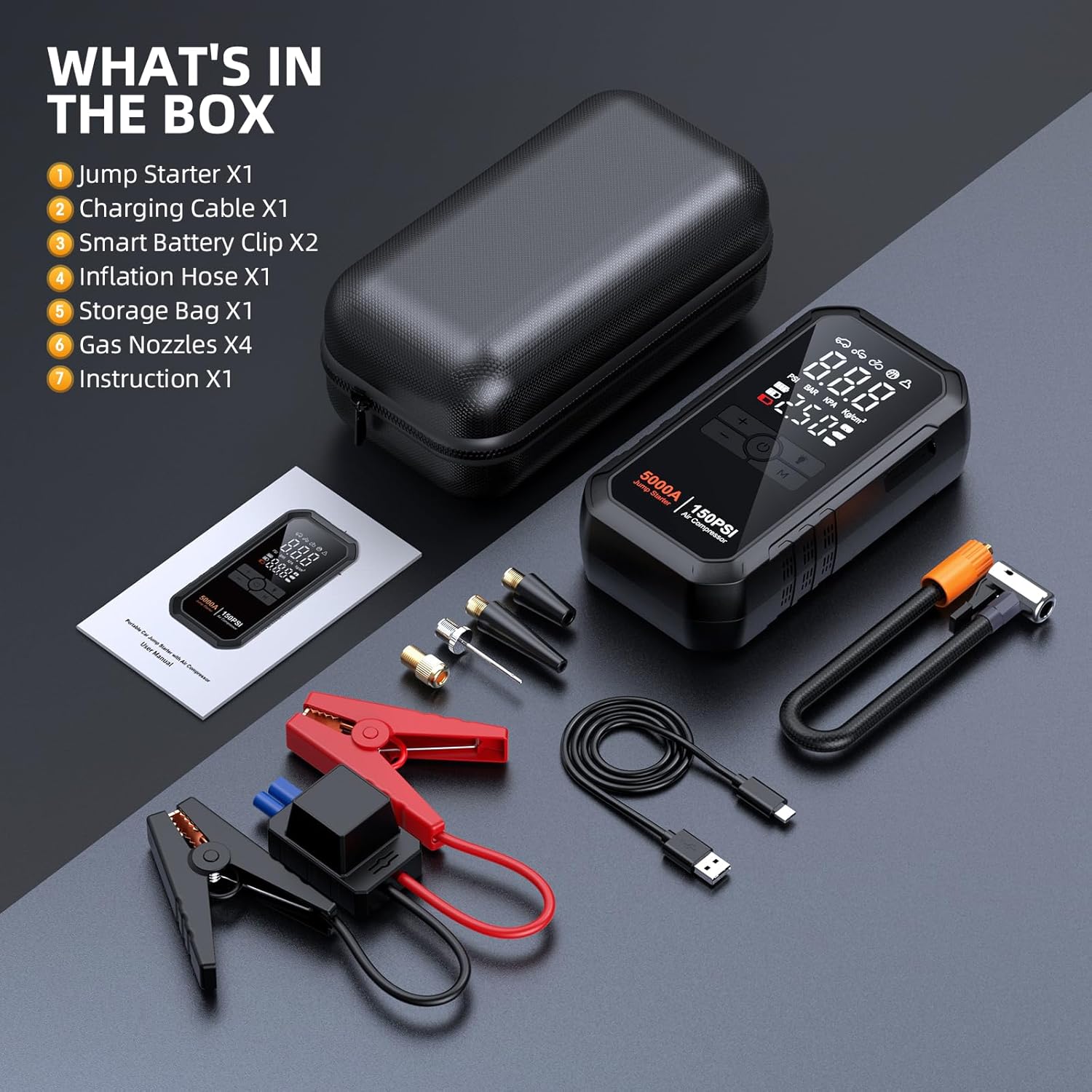10-in-1 Jump Starter with Air Compressor 5000A 26800mAh 150PSI Portable Car Battery Jump Starter (All Gas/12L Diesel), 12V Jump Box Car Battery Jumper Starter Portable Jumper Cables, Lights