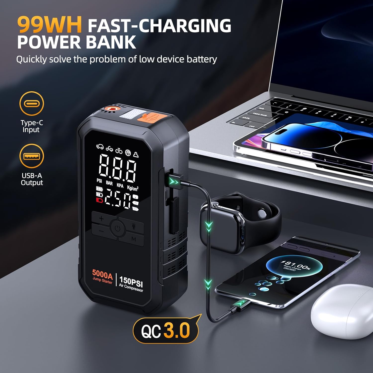 10-in-1 Jump Starter with Air Compressor 5000A 26800mAh 150PSI Portable Car Battery Jump Starter (All Gas/12L Diesel), 12V Jump Box Car Battery Jumper Starter Portable Jumper Cables, Lights