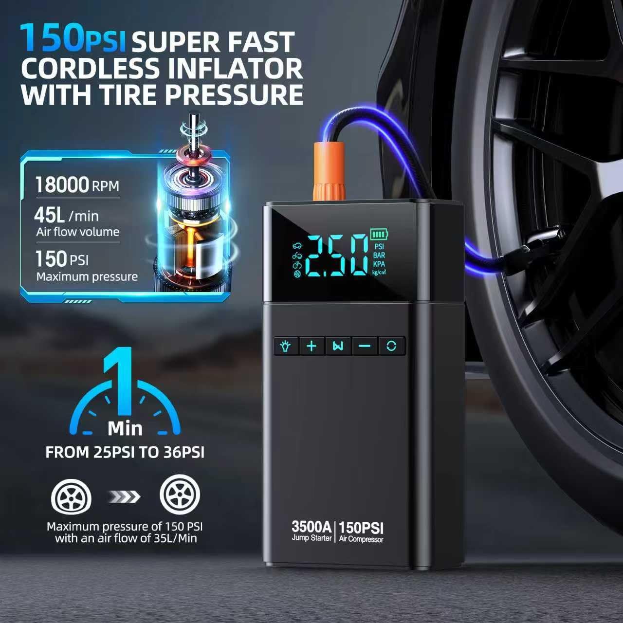 10-in-1 Portable Car Battery Jump Starter with Air Compressor, 3500A 150PSI Portable Car Jumper Starter (All Gas 12L Diesel), 12V Jump Box Car Battery Jump Starter with Jumper Cables, Lights