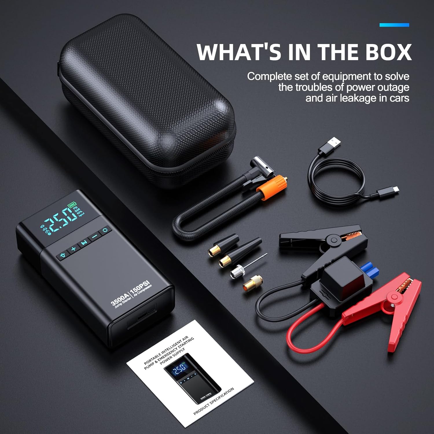 10-in-1 Portable Car Battery Jump Starter with Air Compressor, 3500A 150PSI Portable Car Jumper Starter (All Gas 12L Diesel), 12V Jump Box Car Battery Jump Starter with Jumper Cables, Lights