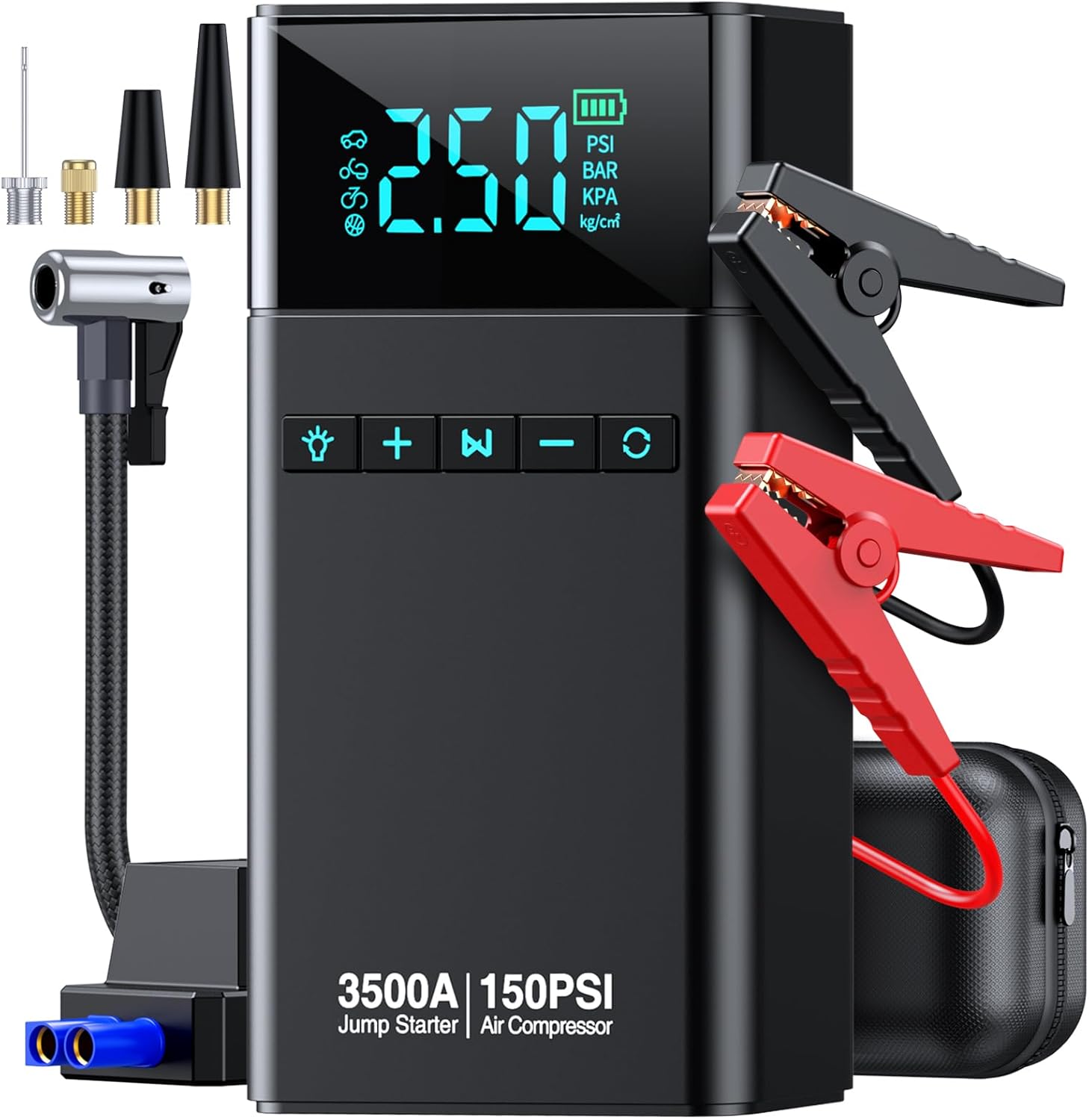 10-in-1 Portable Car Battery Jump Starter with Air Compressor, 3500A 150PSI Portable Car Jumper Starter (All Gas 12L Diesel), 12V Jump Box Car Battery Jump Starter with Jumper Cables, Lights