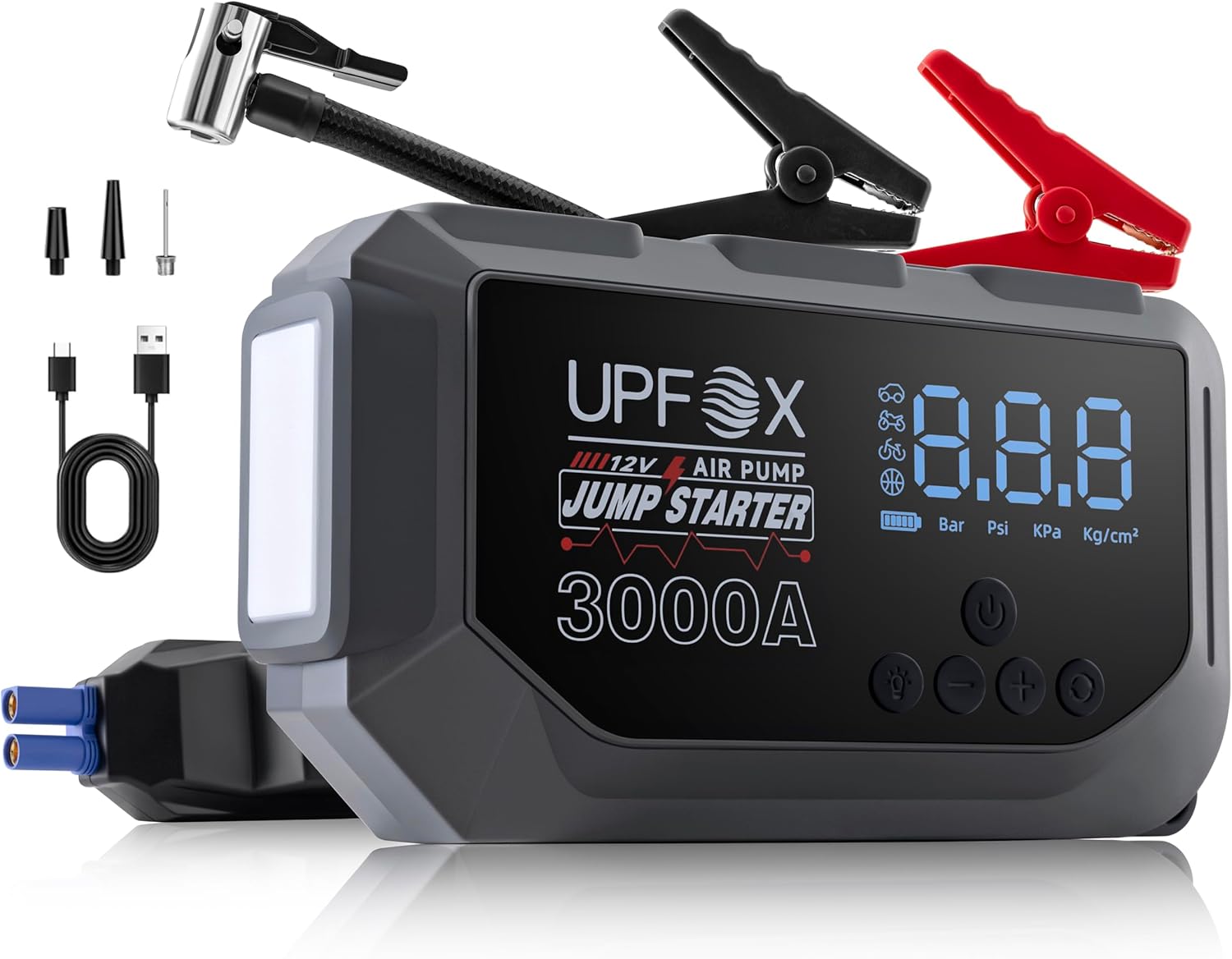 3000A Jump Starter with Air Compressor 12V – Portable Car Jump Starter for 8.0L Gas  6.0L Diesel Engines, 150PSI Tire Inflator with LED Display, Emergency Jump Box with 3 Light Modes  Jumper Cables