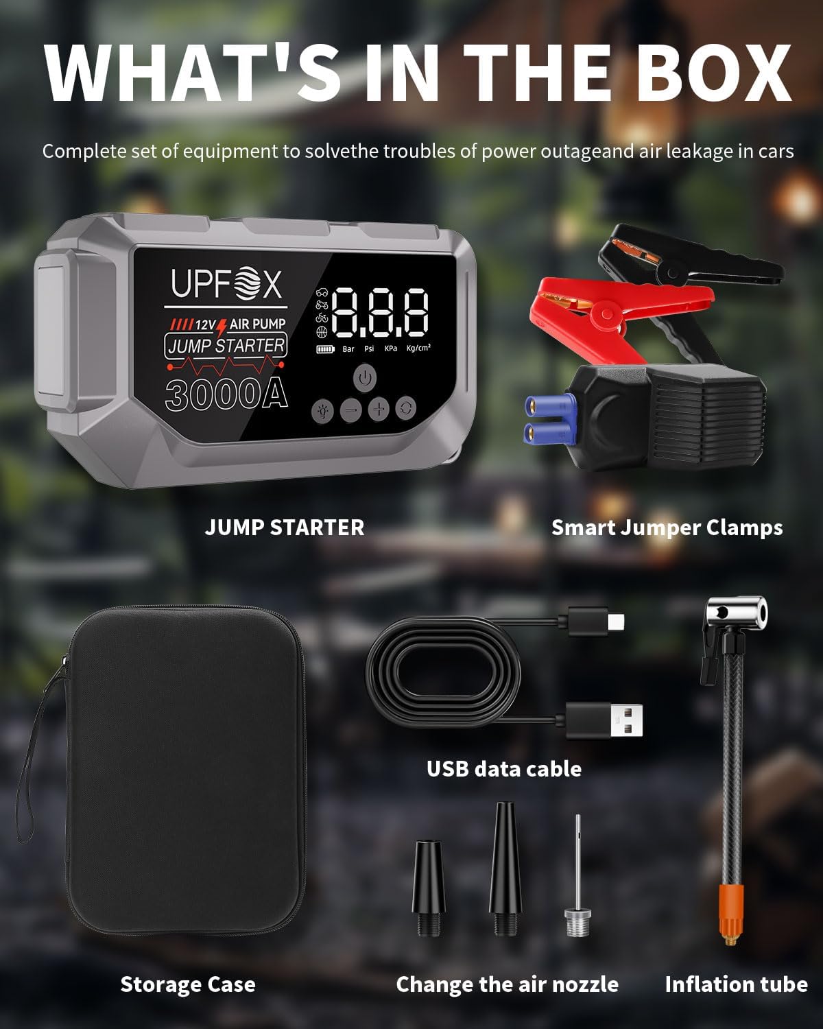 3000A Jump Starter with Air Compressor 12V – Portable Car Jump Starter for 8.0L Gas  6.0L Diesel Engines, 150PSI Tire Inflator with LED Display, Emergency Jump Box with 3 Light Modes  Jumper Cables