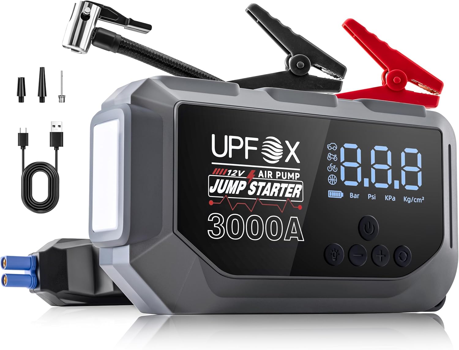 3000A Jump Starter with Air Compressor 12V – Portable Car Jump Starter for 8.0L Gas  6.0L Diesel Engines, 150PSI Tire Inflator with LED Display, Emergency Jump Box with 3 Light Modes  Jumper Cables