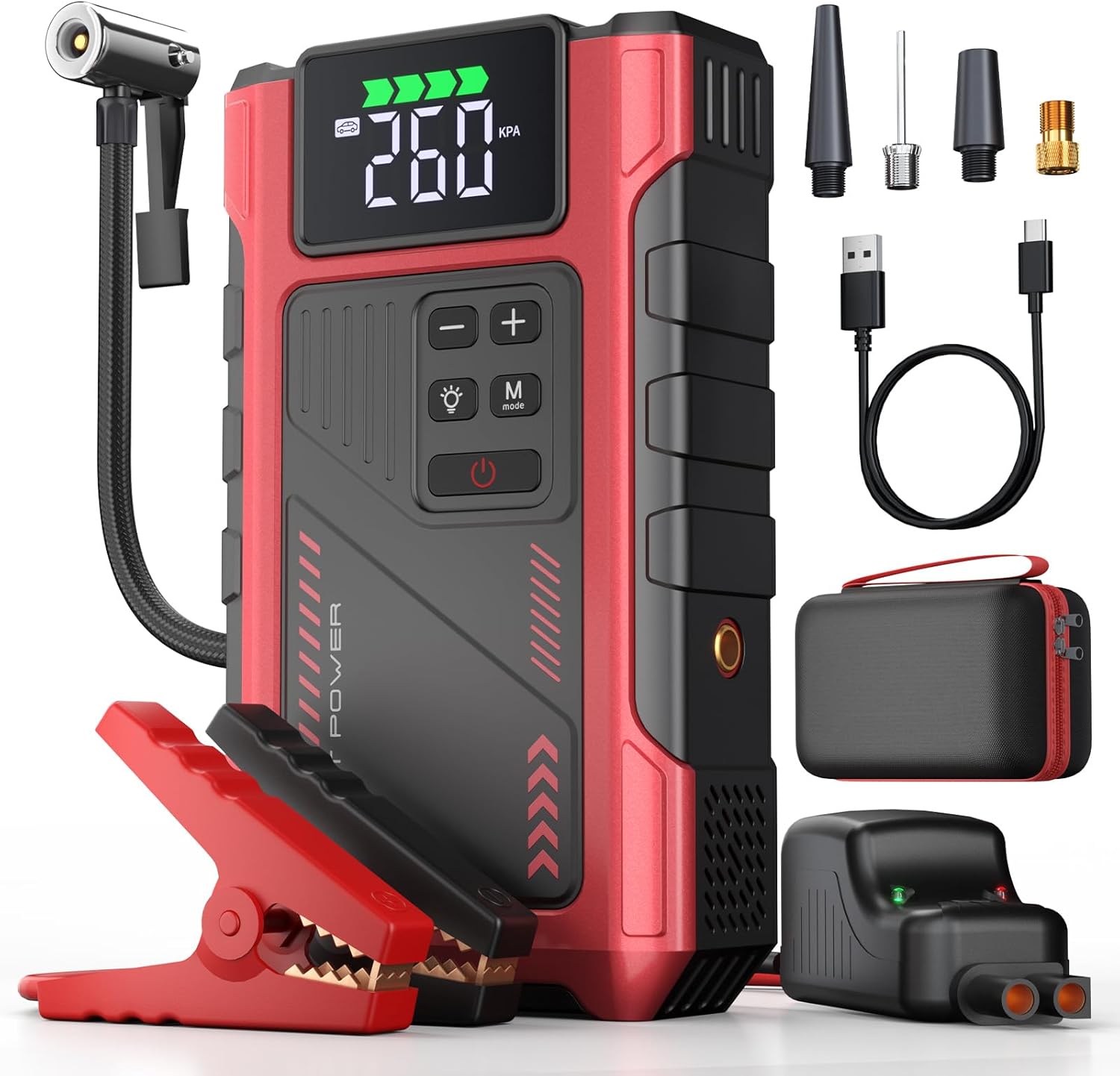 4000A Car Jump Starter with Air Compressor, Portable Battery Charger Jumpstart 12V Vehicle, Power Pack with 150PSI Tire Inflator for 9.0L Gas/7.5L Diesel Engines Jump Box with Light and Jumper Cable