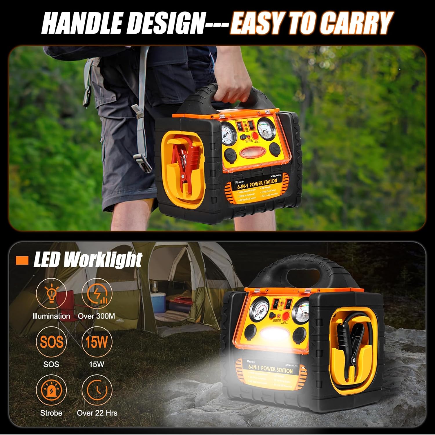 6 in 1 Jump Starter with Air Compressor 260 PSI Tire Inflator,Upgraded 1800A Peak 12V Portable Car Battery Jump Starter,400 Watt Inverter Power Station with AC/DC/USB Outlets (8.5L Gas/6L Diesel)