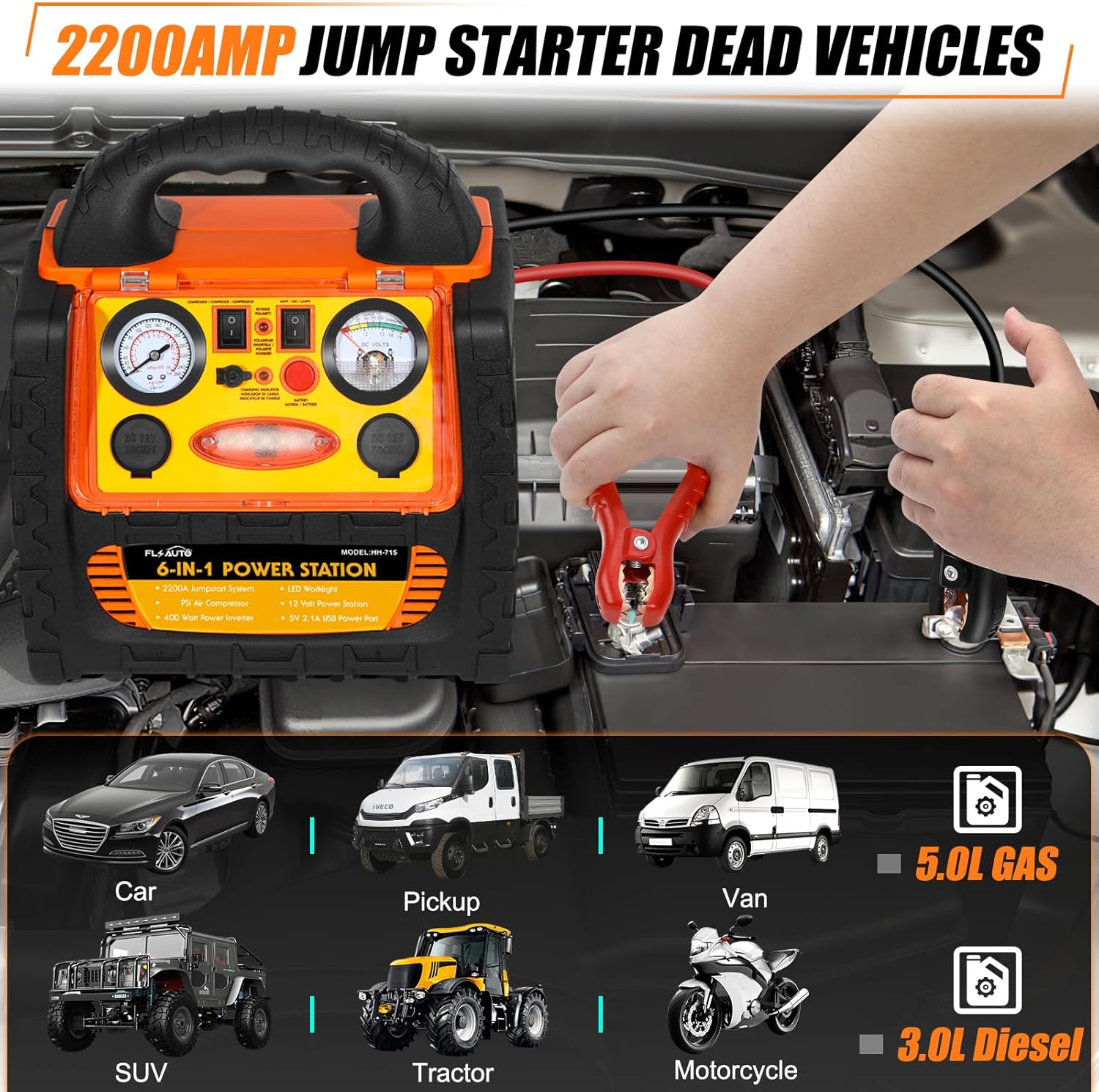 6 in 1 Jump Starter with Air Compressor 260 PSI Tire Inflator,Upgraded 1800A Peak 12V Portable Car Battery Jump Starter,400 Watt Inverter Power Station with AC/DC/USB Outlets (8.5L Gas/6L Diesel)