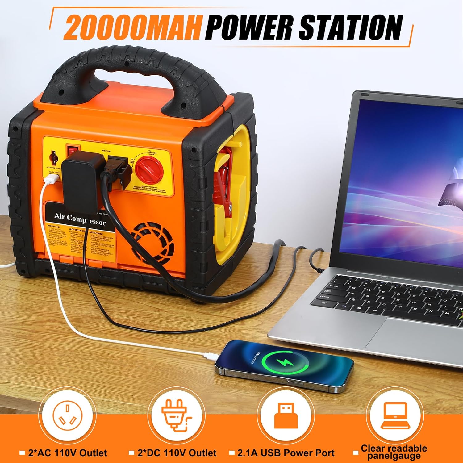 6 in 1 Jump Starter with Air Compressor 260 PSI Tire Inflator,Upgraded 1800A Peak 12V Portable Car Battery Jump Starter,400 Watt Inverter Power Station with AC/DC/USB Outlets (8.5L Gas/6L Diesel)