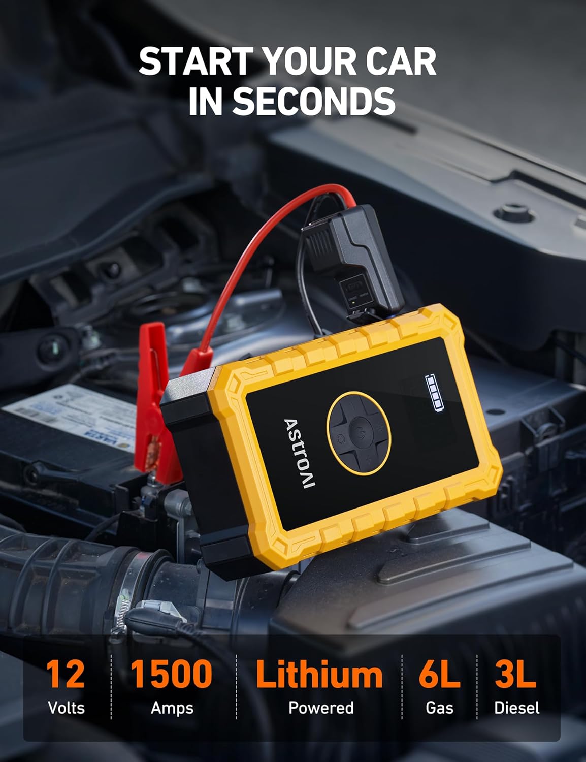 AstroAI S8 Air Jump Starter with Air Compressor, 1500A Peak Car Battery Jump Starter Portable (6.0 Gas/3.0L Diesel) with 150PSI Cordless Auto-Shutoff Tire Inflator, 12V Battery Charger Booster(Orange)