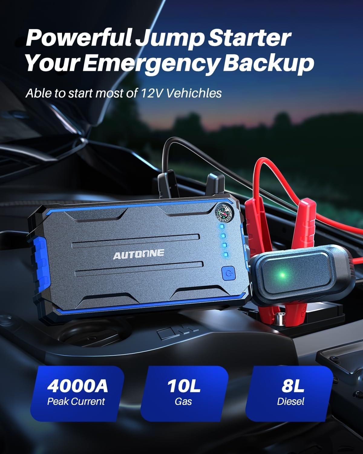 AUTOONE 5000A Jump Starter with Air Compressor (All Gas/10L Diesel), 150PSI Car Battery Jumper Starter Portable, Jump Box Tire Inflator with LED Flashlight, LCD Display, Storage Case