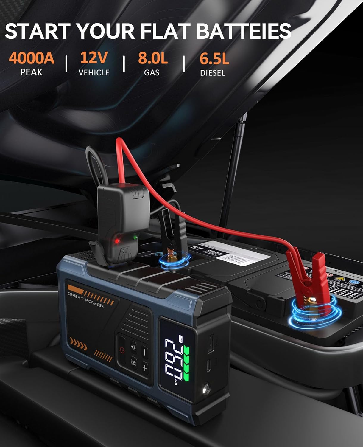 Car Battery Charger Jump Starter with Air Compressor, 4000A Jumper Box for Car Battery Portable Booster Jump Pack, 12V Jumpstart Combo 150PSI Tire Inflator Air Pump(Up to 8.0L Gas/6.5L Diesel)