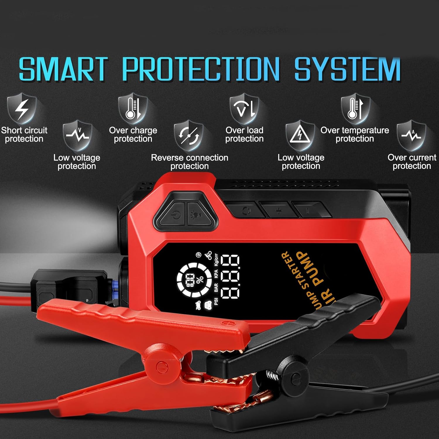 Car Battery Jump Starter with Air Compressor, 4000A Peak 150PSI Car Jump Starter Jump Box for Up to 10L Gas 8L Diesel Engine, 12V Car Battery Jumper Starter with Jumper Cables, LCD Display, Lights