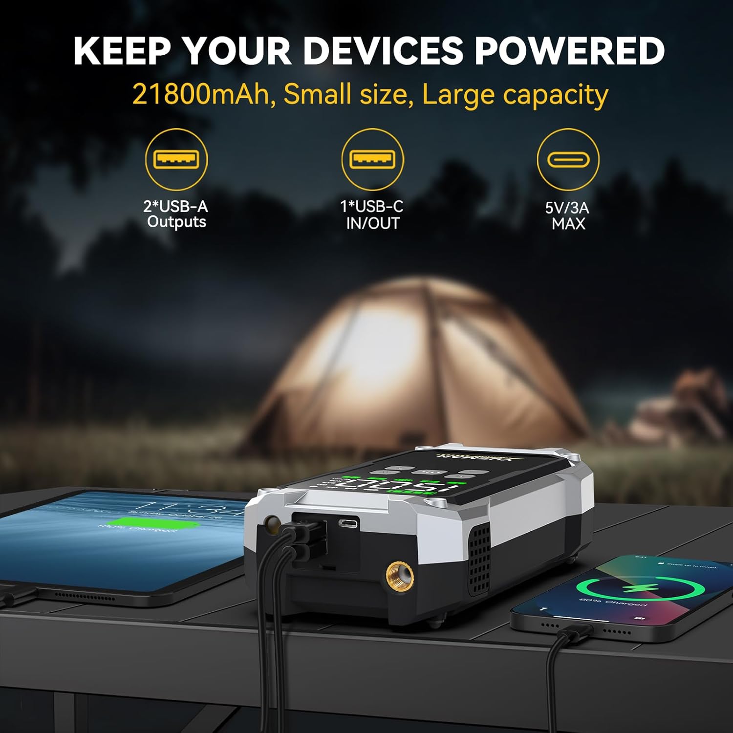Car Jump Starter with Air Compressor, 8000A 150PSI Jump Starter Pack (All Gas/10.0L Diesel), 12V Battery Jump Starter with Display, Smart Jumper Cables, 2 LED Light