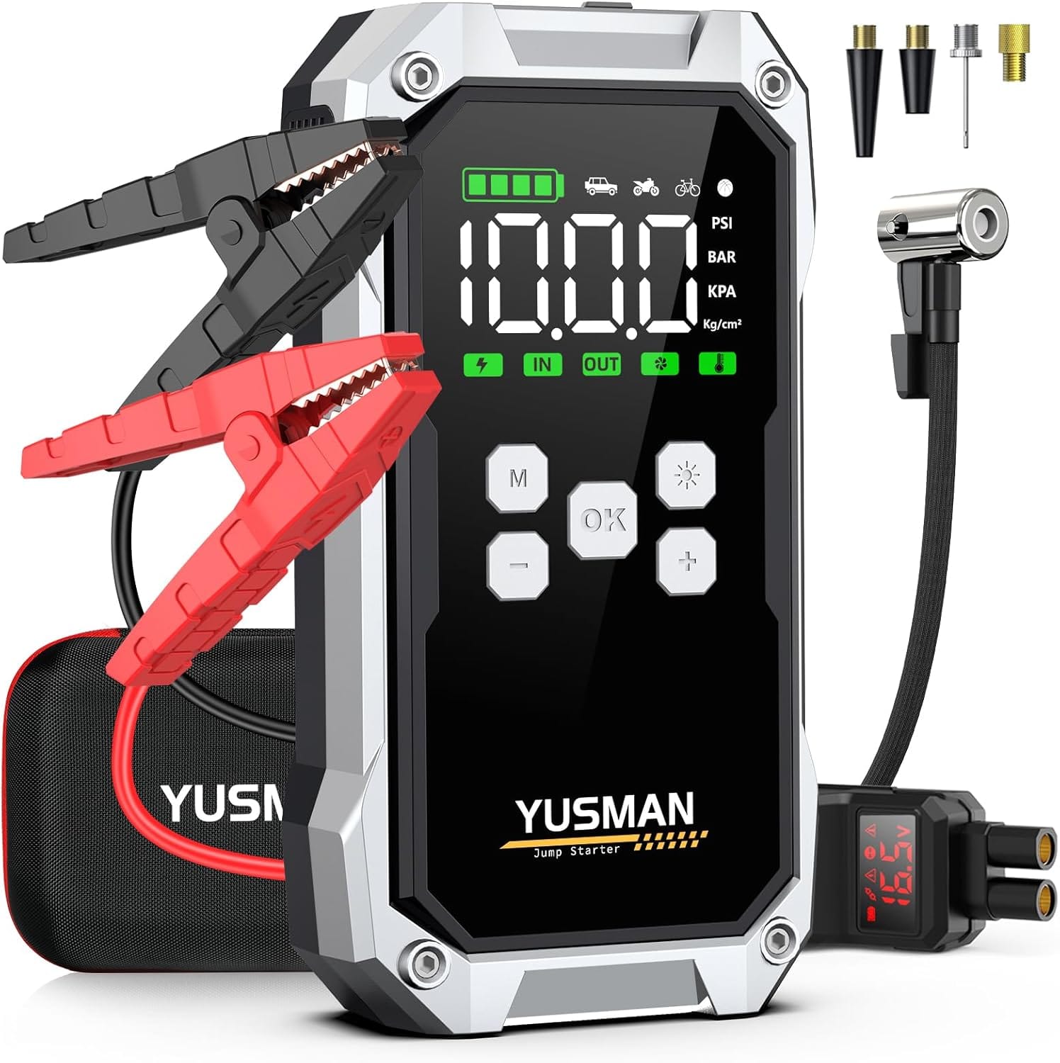 Car Jump Starter with Air Compressor, 8000A 150PSI Jump Starter Pack (All Gas/10.0L Diesel), 12V Battery Jump Starter with Display, Smart Jumper Cables, 2 LED Light