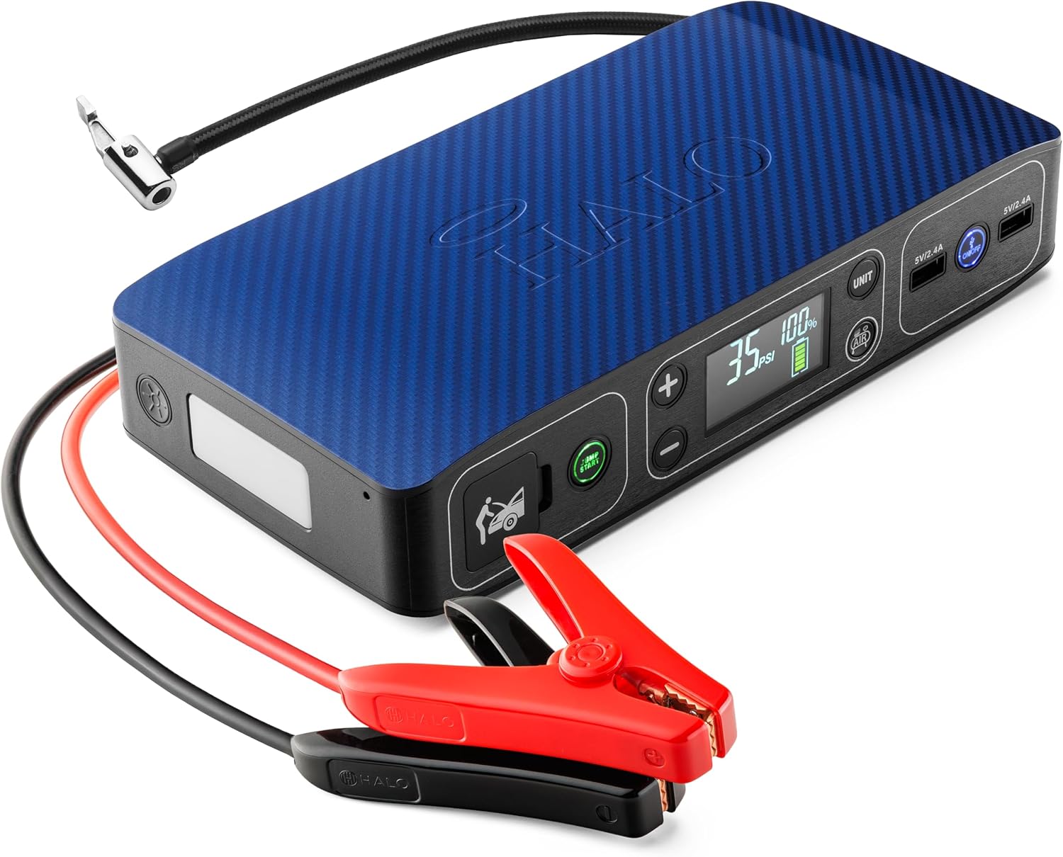 HALO Bolt Air 58830 Portable Car Battery Jump Starter | 100 PSI Air Compressor, 58.8Wh USB Power Bank, Emergency Floodlight  Charger, Jumps Cars SUVs  Trucks, Inflates Tires, TSA Approved — Blue