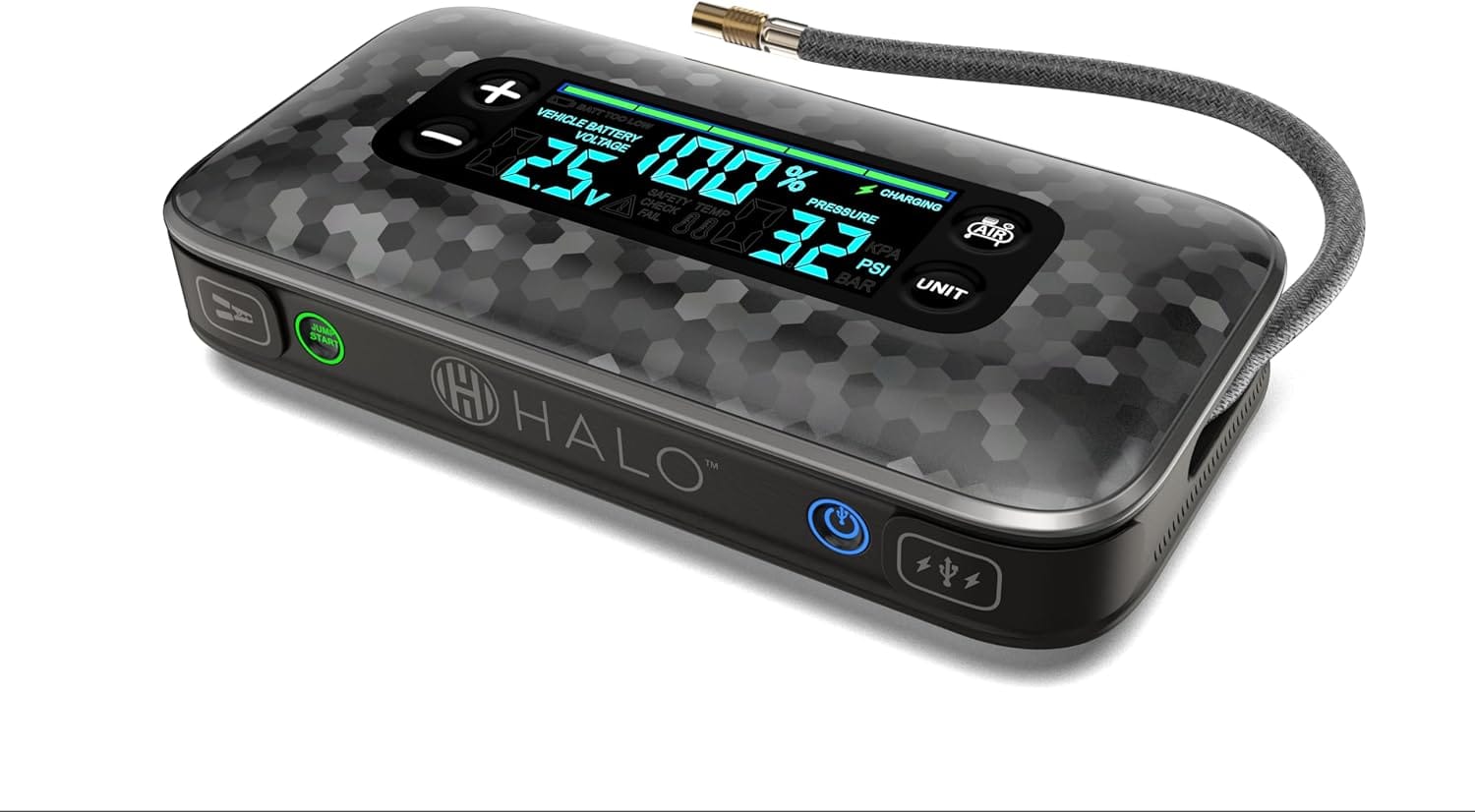 HALO Bolt Ultimate 2 Portable Car Battery Jump Starter | 130 PSI Air Compressor, 55.5Wh USB Power Bank with AC Outlet, Emergency Floodlight  Charger, Jumps Cars SUVs  Trucks, Inflates Tires — Black
