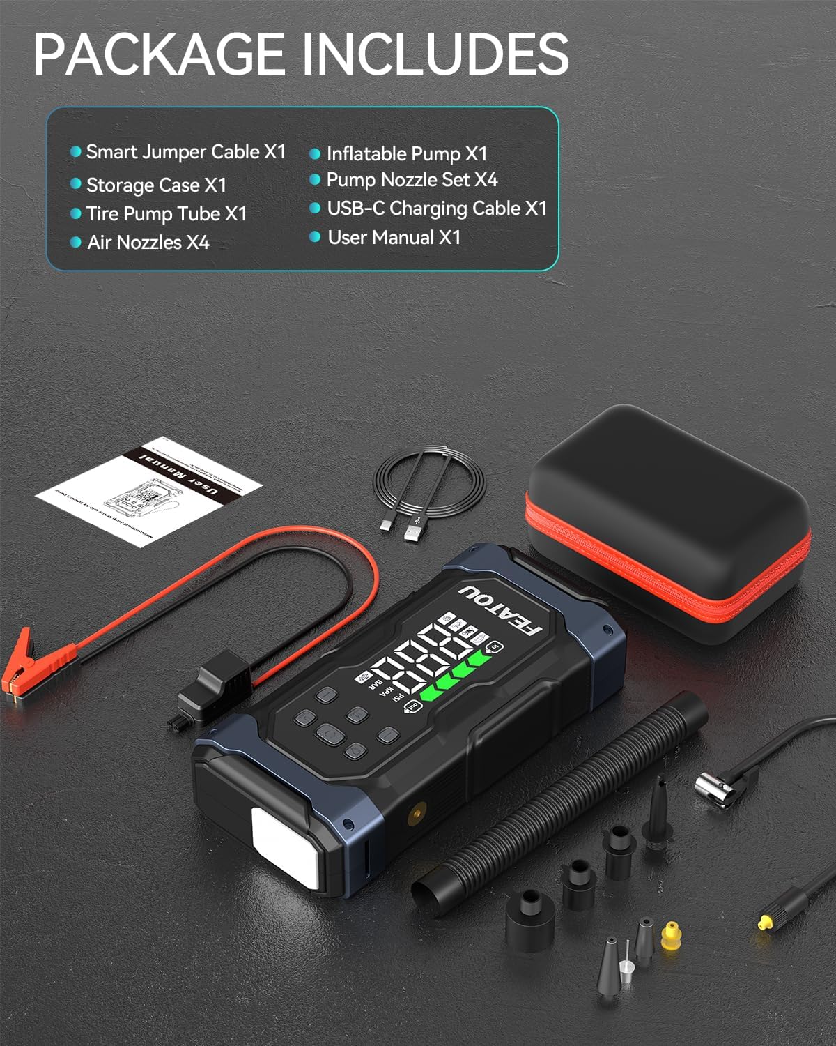 High-Power 9000A Jump Starter with Air Compressor/Tire Inflator, 12V Jumper Box for Car(All Gas/14L Diesel), 9 in 1 Portable Jump Starter Power Pack (74Wh, Smart Clamp, LCD)