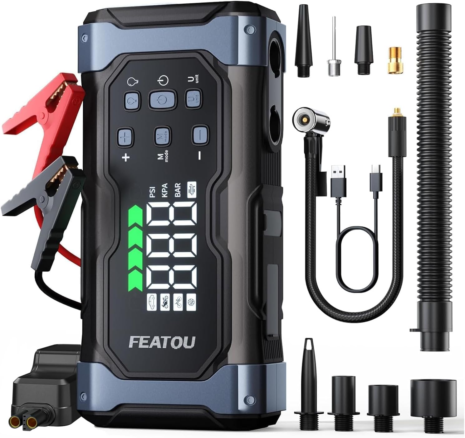 High-Power 9000A Jump Starter with Air Compressor/Tire Inflator, 12V Jumper Box for Car(All Gas/14L Diesel), 9 in 1 Portable Jump Starter Power Pack (74Wh, Smart Clamp, LCD)