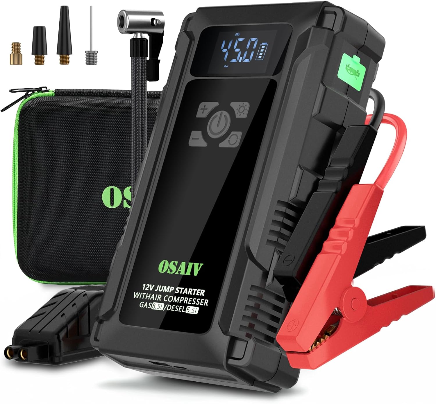 Jump Starter with Air Compressor, 3000A Car Battery Jump Box for 8.5 Gas/6.5L Diesel Vehicles, 150PSI Tire Inflator Auto-Shutoff, 10 Safety Modes, 3-Mode Emergency Light