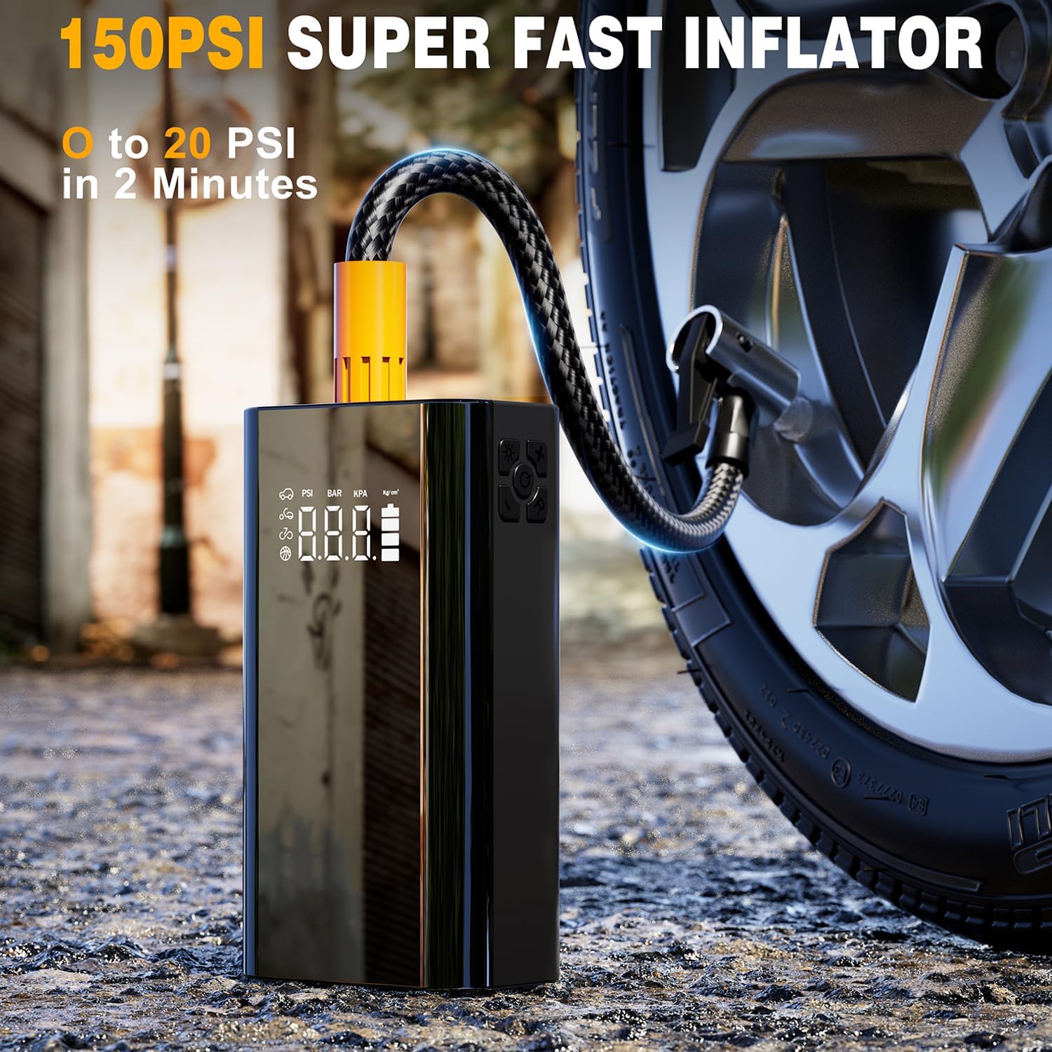 Jump Starter with Air Compressor, 4000A Car Battery Jump Starter (9.0L Gas/7.0L Diesel), 150PSI 12V Battery Jumper Starter Portable with Tire Inflator, Jumper Cables, LED Light