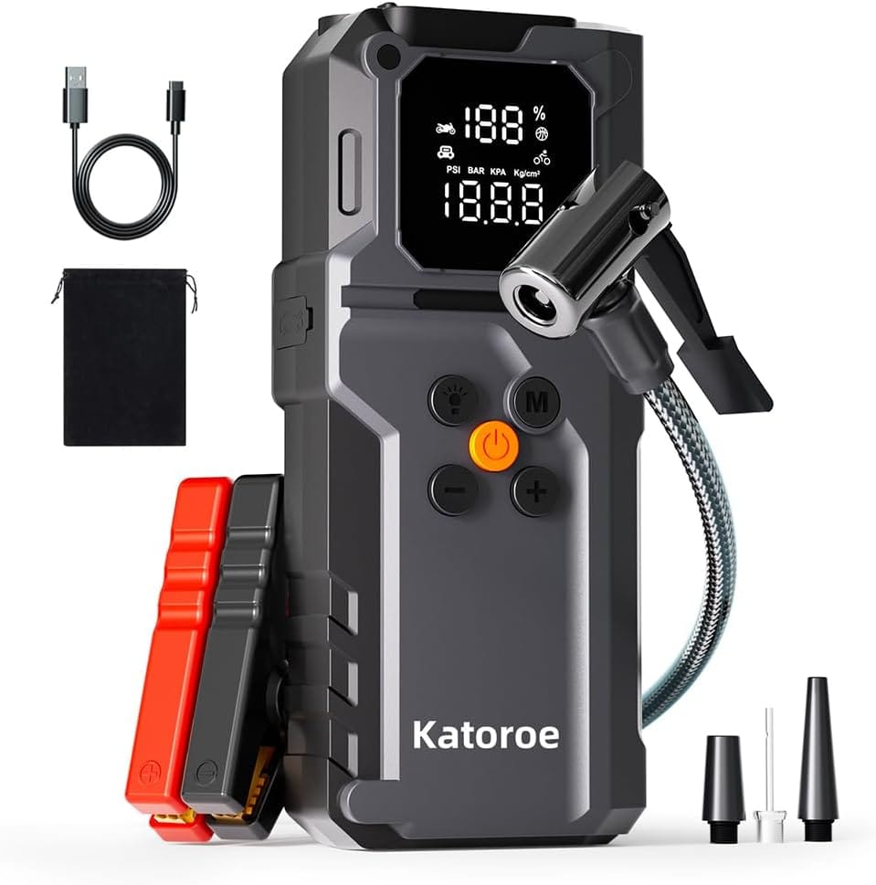 Jump Starter with Air Compressor, 4000A Car Battery Jump Starter (9.0L Gas/7.0L Diesel), 150PSI 12V Battery Jumper Starter Portable with Tire Inflator, Jumper Cables, LED Light