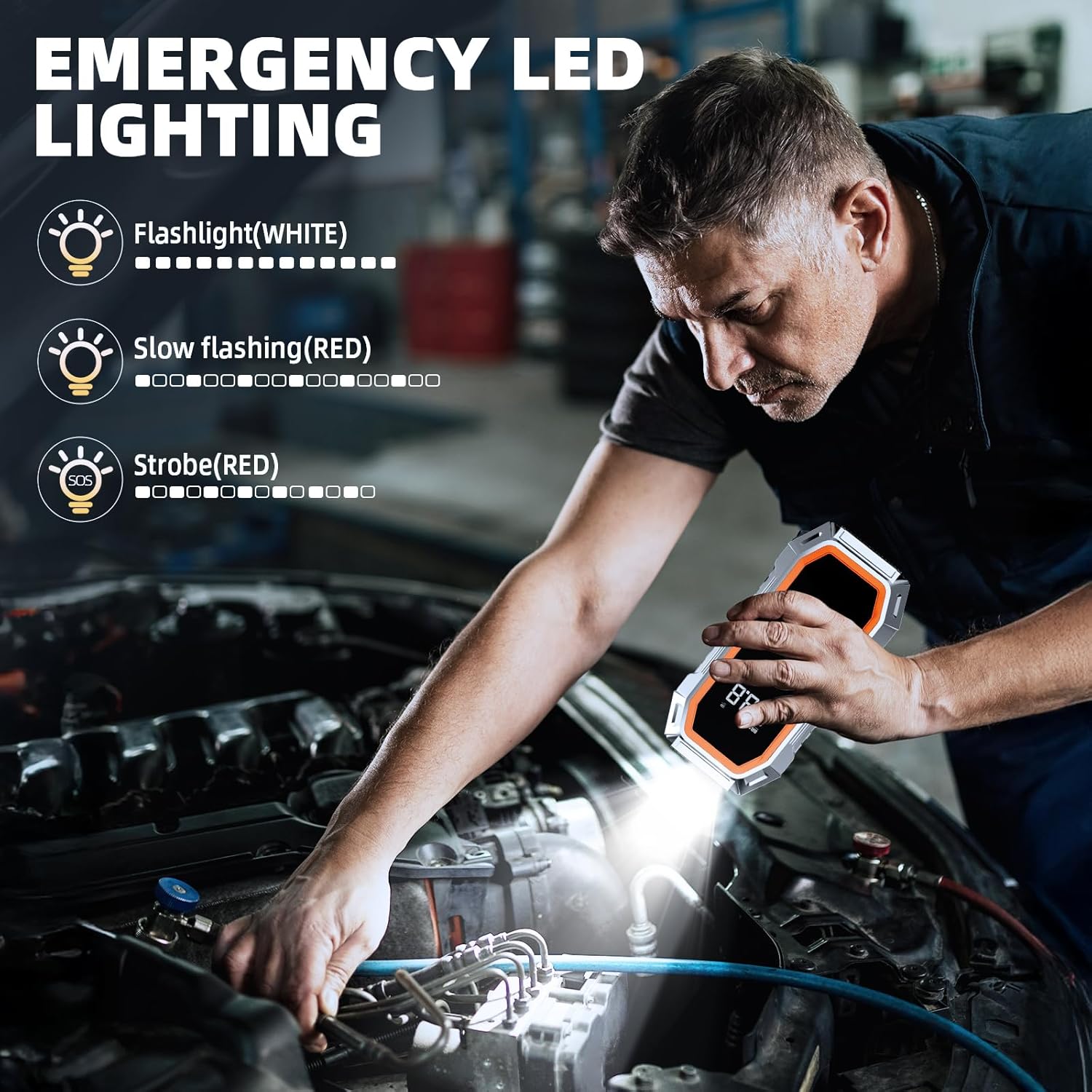 Jump Starter with Air Compressor, 5000A Peak Car Battery Jump Starter(9.0 Gas/8.0L Diesel), 160PSI 12V Jump Box Car Battery Jumper Starter Portable with Jumper Cables, LED Lights, LCD Display, Orange