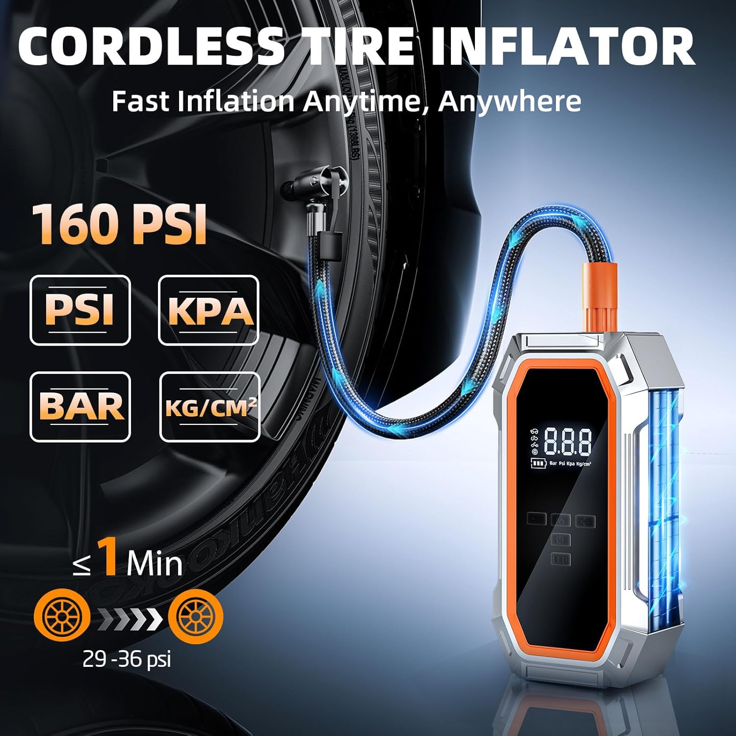 Jump Starter with Air Compressor, 5000A Peak Car Battery Jump Starter(9.0 Gas/8.0L Diesel), 160PSI 12V Jump Box Car Battery Jumper Starter Portable with Jumper Cables, LED Lights, LCD Display, Orange
