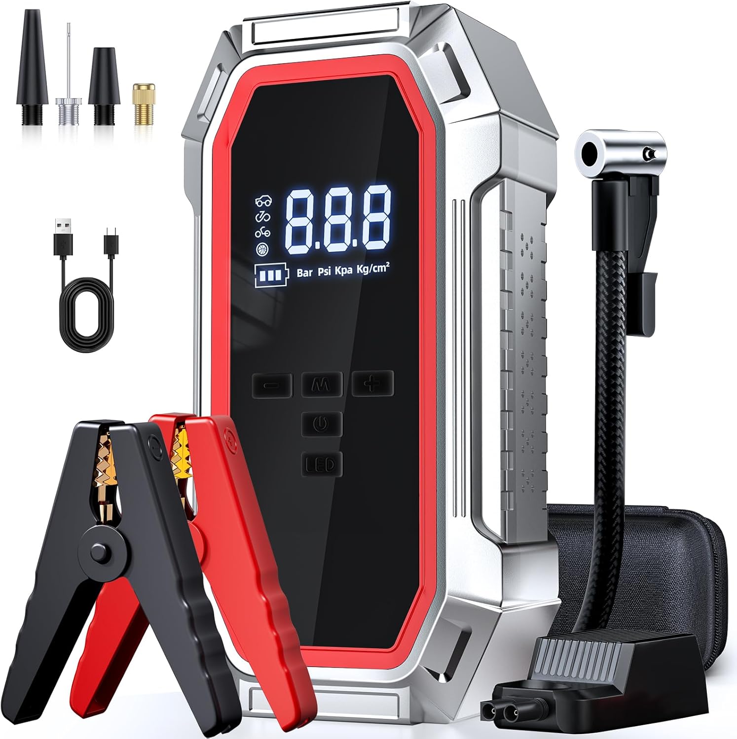 Jump Starter with Air Compressor, 5000A Peak Car Battery Jump Starter(9.0 Gas/8.0L Diesel), 160PSI 12V Jump Box Car Battery Jumper Starter Portable with Jumper Cables, LED Lights, LCD Display