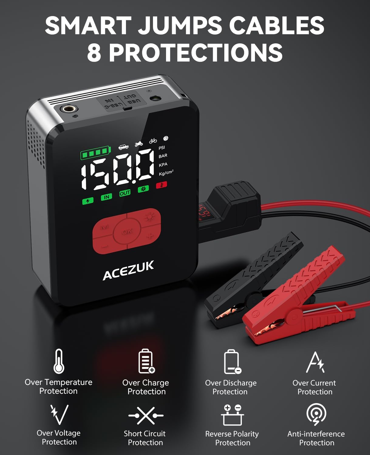 Jump Starter with Air Compressor, 8000A 150PSI Car Jump Starter (All Gas/10.0L Diesel), 12V Battery Jump Starters, Portable Jumper Cables, LCD Display and LED Lights