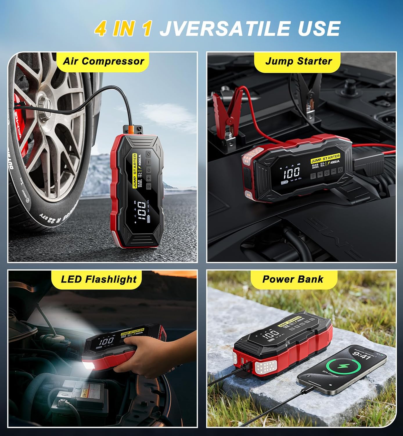 Jump Starter with Air Compressor, Portable Car Battery Jump Starter(12 Gas/10L Diesel), 4000A Peak 160PSI 12V Automobile Jump Box Pack Chargers with Jumper Cables, 4-Mode LED Lights, LCD Display