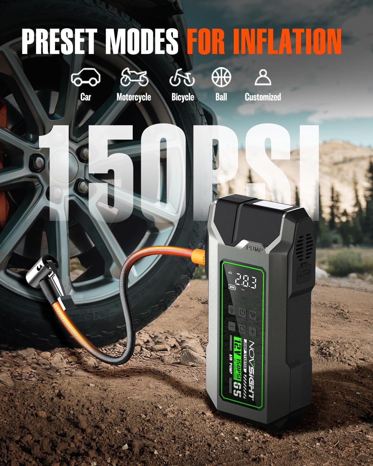 NOVSIGHT Jump Starter with Air Compressor - 3000A Portable Jump Box for Car Battery, 12V Jump Pack(6L Gas/4.5L Diesel) with 150PSI Auto-Shutoff Tire Inflator  Air Inflator/Deflator Pump, Green