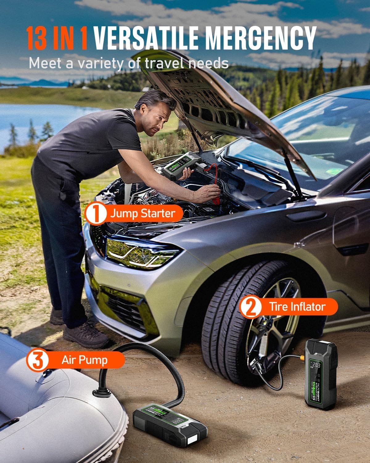 NOVSIGHT Jump Starter with Air Compressor - 3000A Portable Jump Box for Car Battery, 12V Jump Pack(6L Gas/4.5L Diesel) with 150PSI Auto-Shutoff Tire Inflator  Air Inflator/Deflator Pump, Green