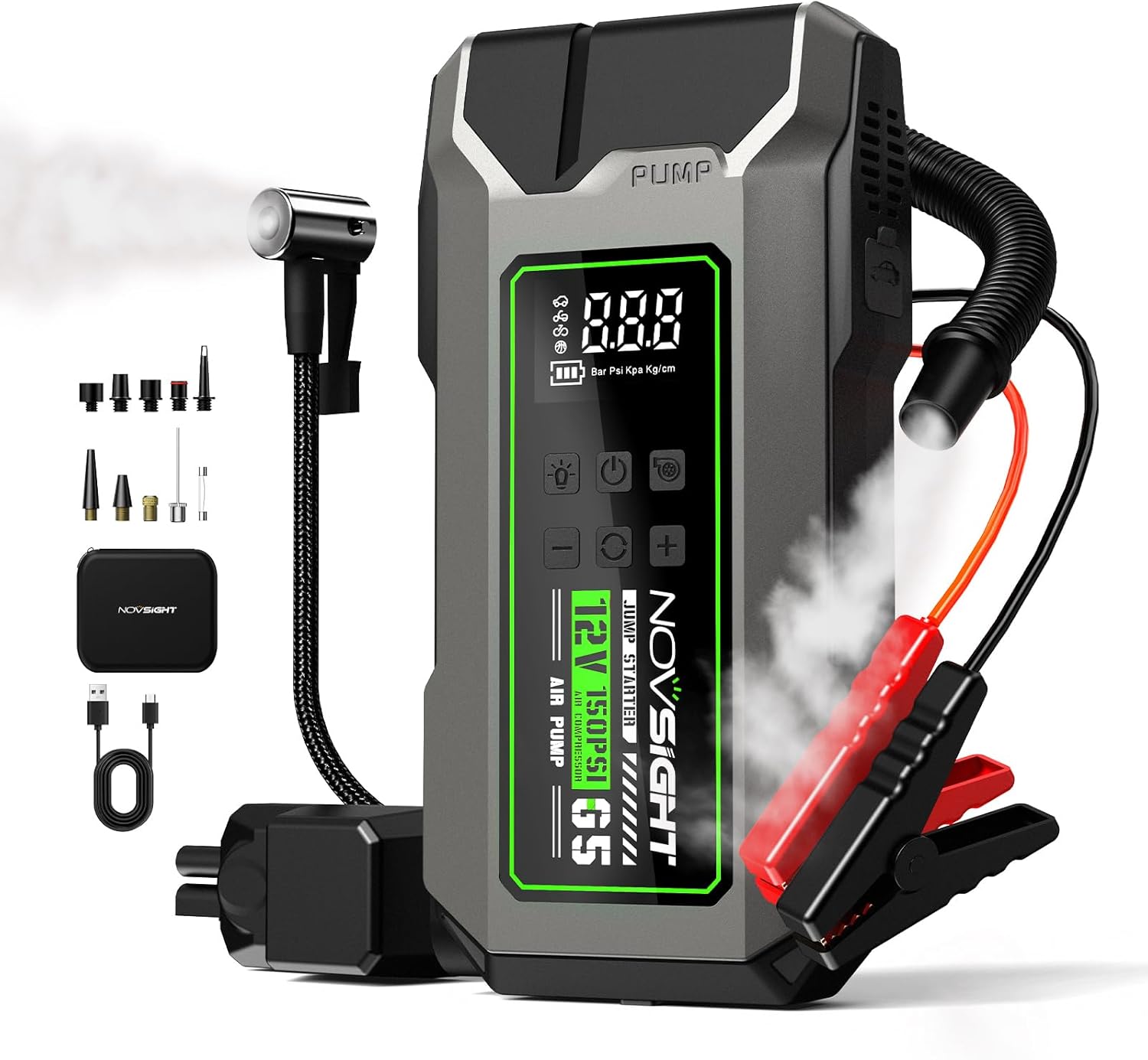 NOVSIGHT Jump Starter with Air Compressor - 3000A Portable Jump Box for Car Battery, 12V Jump Pack(6L Gas/4.5L Diesel) with 150PSI Auto-Shutoff Tire Inflator  Air Inflator/Deflator Pump, Green