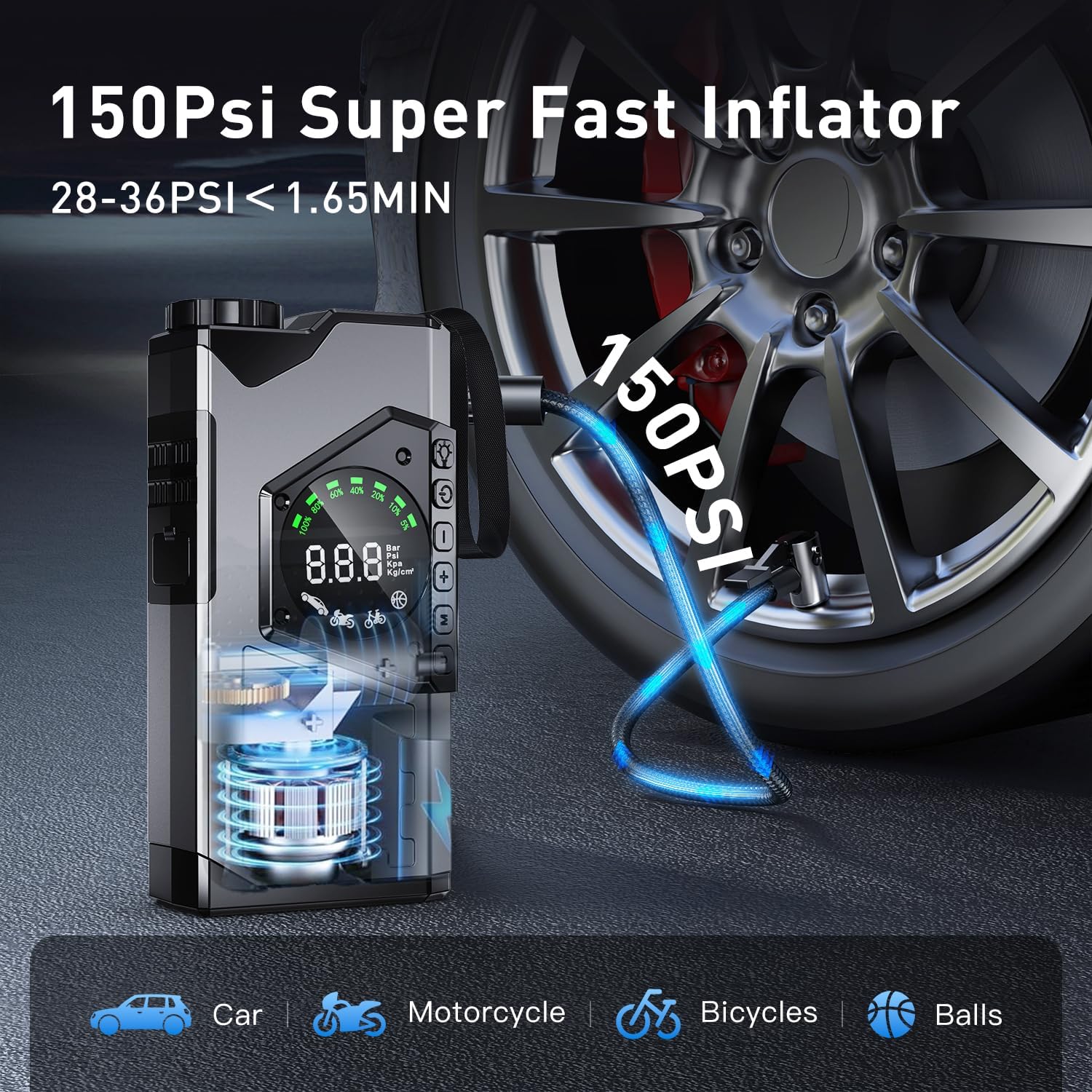 Portable Car Jump Starter with Air Compressor, 3000A Portable Jump Starter Pack with 150PSI Tire Inflator, 12Volt Jump Start Battery Pack with LCD Display/Flashlight (Up All Gas/8.5L Diesel)
