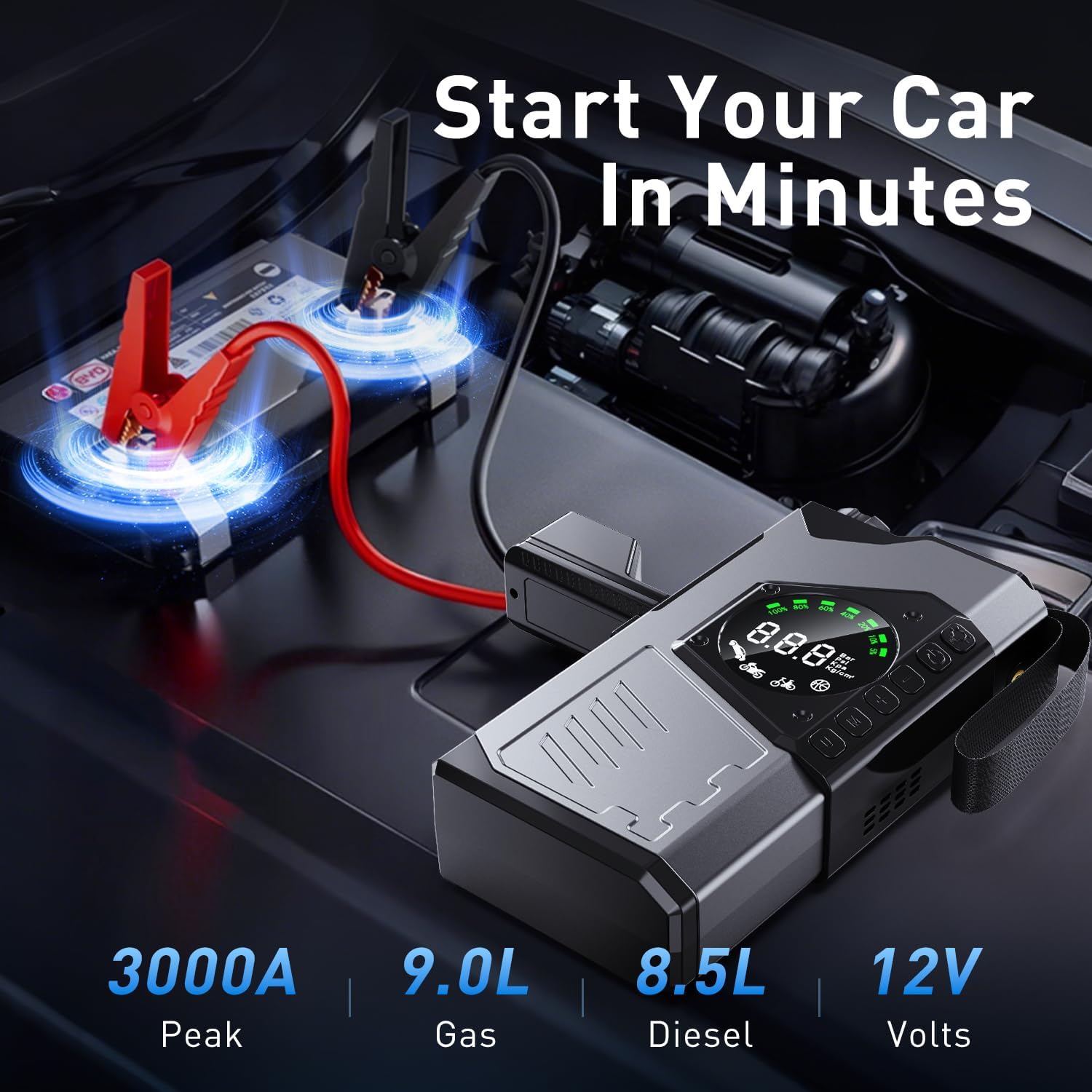 Portable Car Jump Starter with Air Compressor, 3000A Portable Jump Starter Pack with 150PSI Tire Inflator, 12Volt Jump Start Battery Pack with LCD Display/Flashlight (Up All Gas/8.5L Diesel)