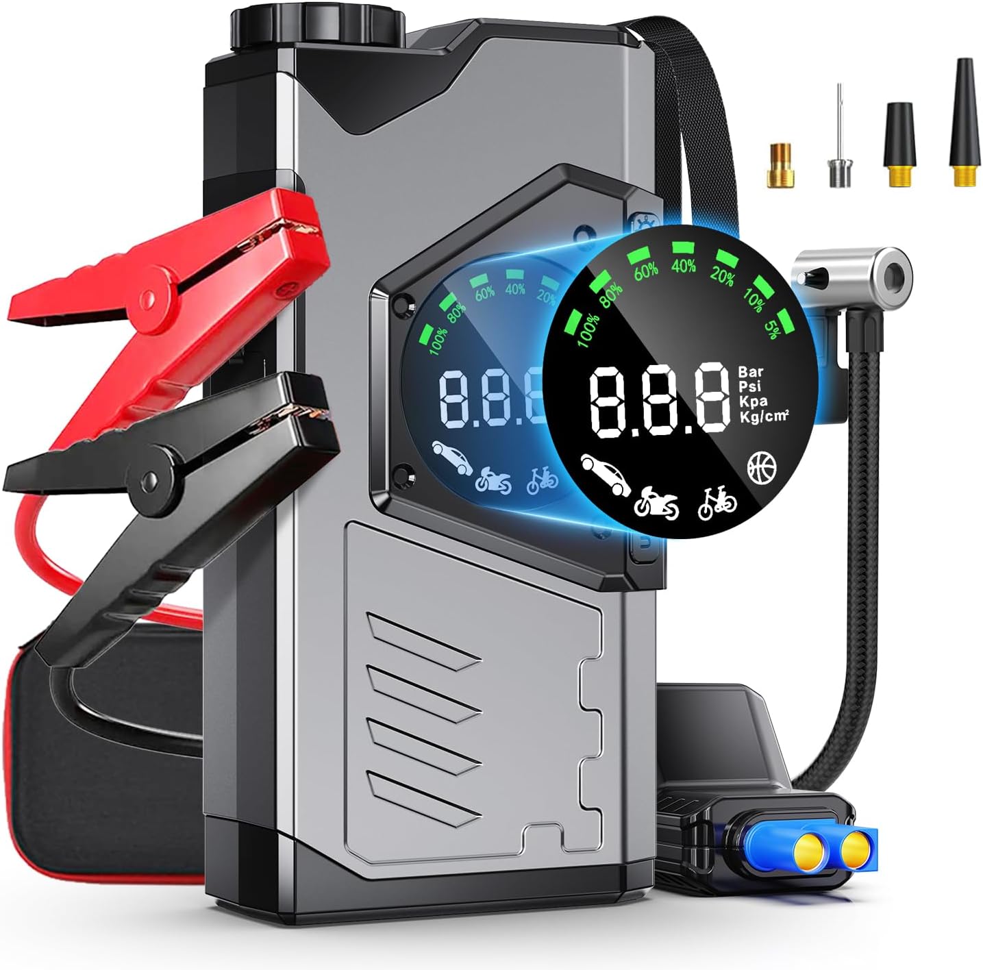 Portable Car Jump Starter with Air Compressor, 3000A Portable Jump Starter Pack with 150PSI Tire Inflator, 12Volt Jump Start Battery Pack with LCD Display/Flashlight (Up All Gas/8.5L Diesel)