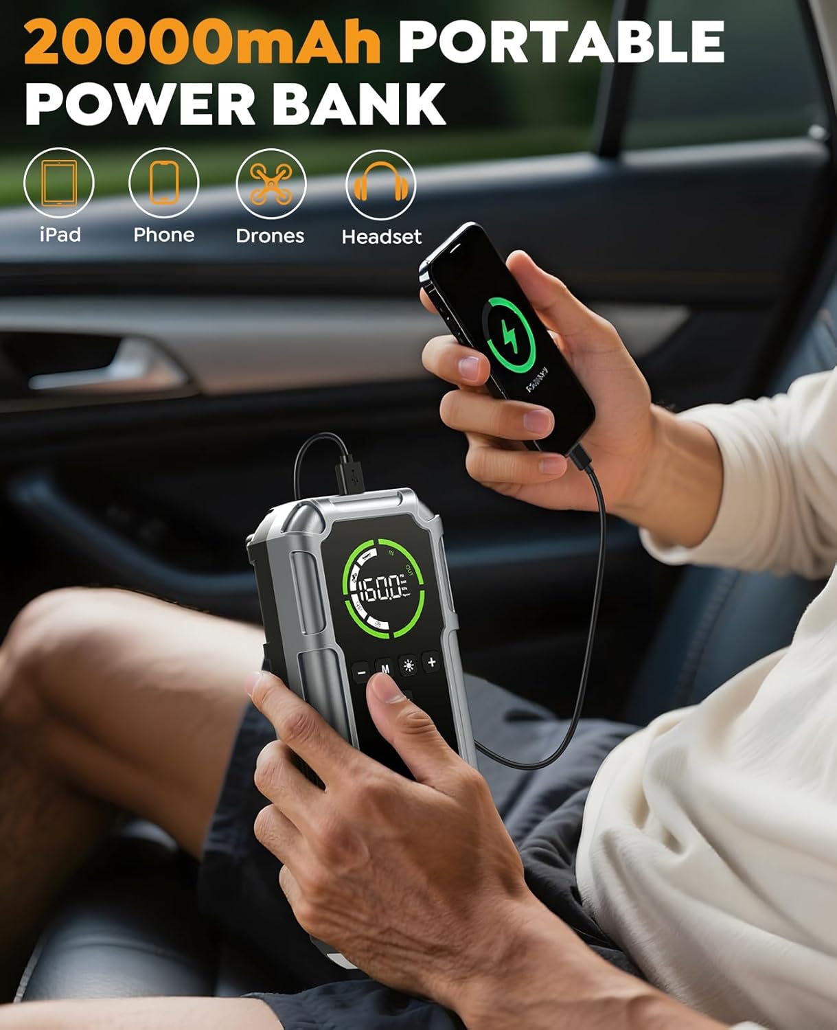 Portable Car Jump Starter with Air Compressor 7000A 160PSI, NACKEO Car Battery Jump Starter (All Gas/10L Diesel),12V Jump Box Car Battery Jumper Starter Portable with Large LCD Display, 500lm Lights