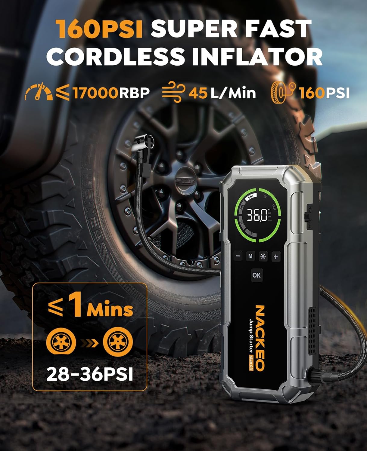 Portable Car Jump Starter with Air Compressor 7000A 160PSI, NACKEO Car Battery Jump Starter (All Gas/10L Diesel),12V Jump Box Car Battery Jumper Starter Portable with Large LCD Display, 500lm Lights