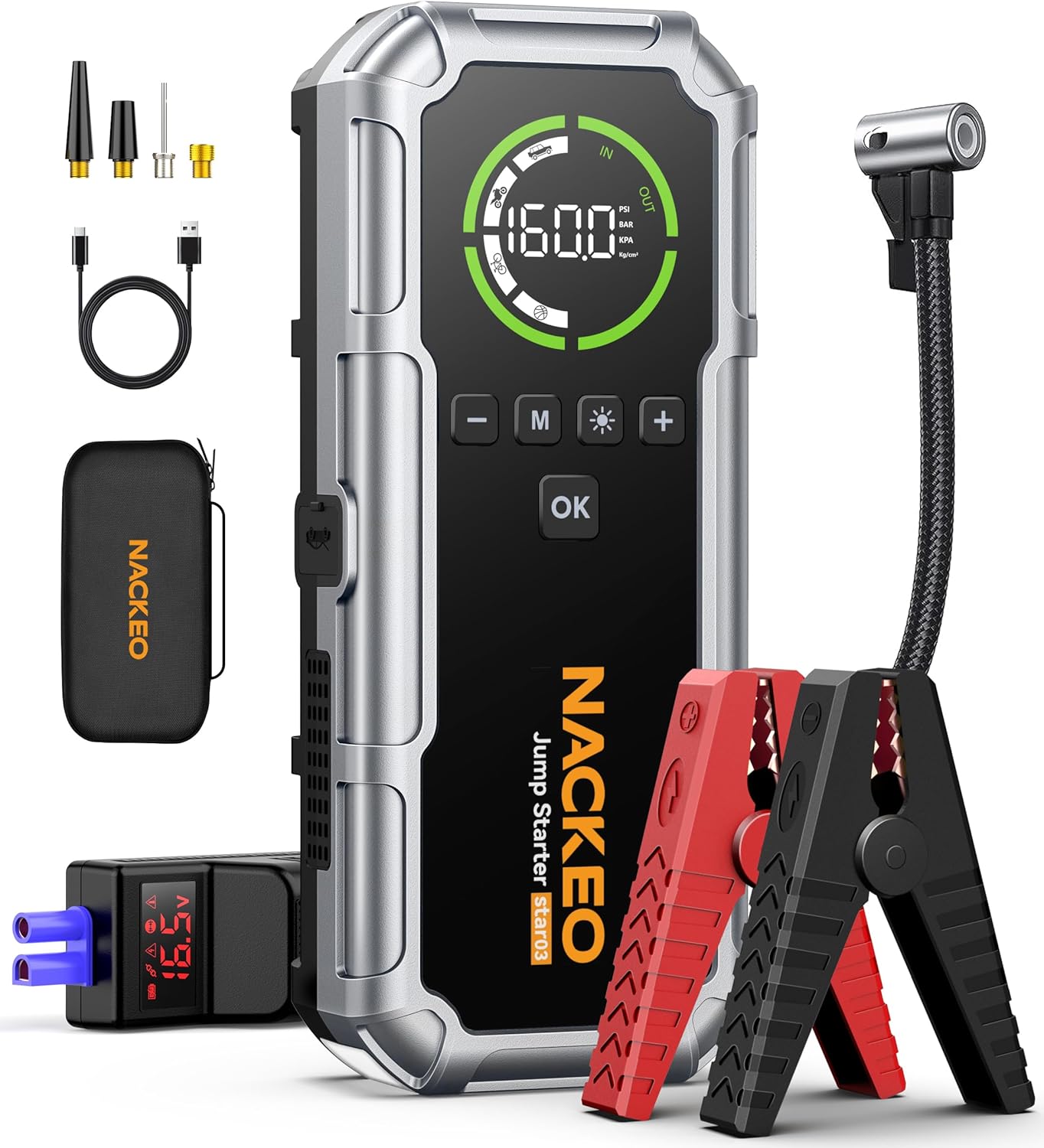 Portable Car Jump Starter with Air Compressor 7000A 160PSI, NACKEO Car Battery Jump Starter (All Gas/10L Diesel),12V Jump Box Car Battery Jumper Starter Portable with Large LCD Display, 500lm Lights