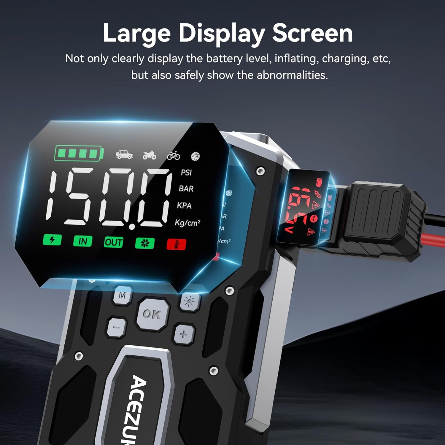 Portable Car Jump Starter with Air Compressor, ACEZUK 150PSI 7000A Jump Starter (All Gas/10.0L Diesel), 12V Battery Jump Box Car Battery Jumper Starter with 3.4 LCD Display, 2 Lights