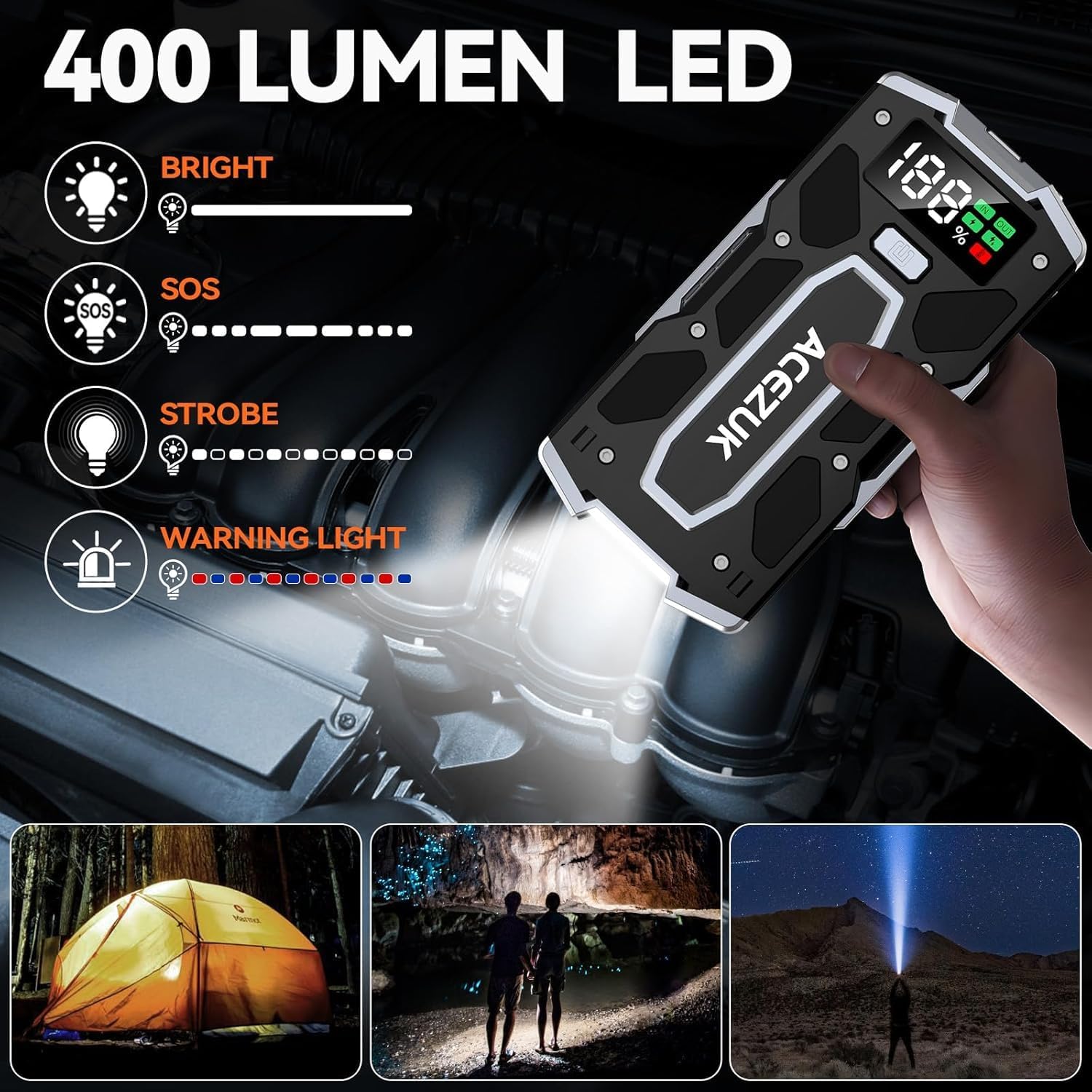 Portable Car Jump Starter with Air Compressor, ACEZUK 150PSI 8000A Jump Starter (All Gas/10.0L Diesel), 12V Battery Jump Box Car Battery Jumper Starter with 3.4 LCD Display, 2 Lights