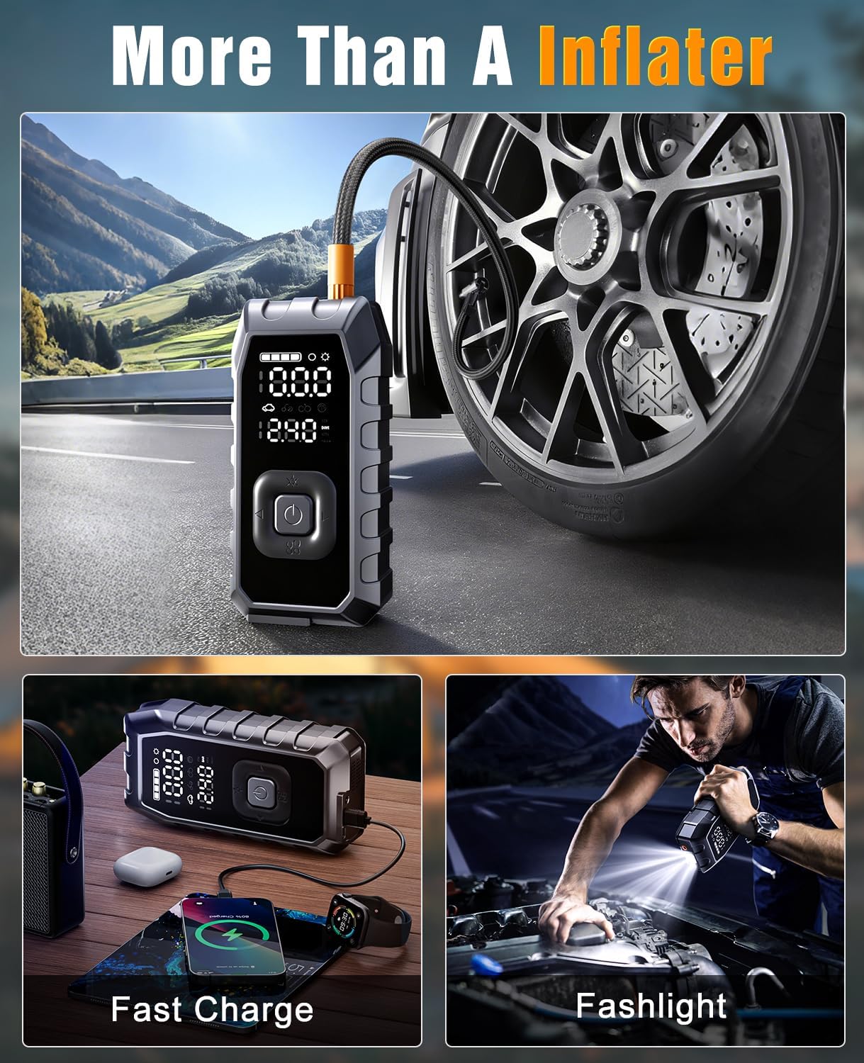 Portable Jump Pack with Air Compressor,65W Fast Charge 180PSI Cordless Electric Tire Inflator with Digital Pressure Gauge,Jump Starter Auto-Off for Car Bicycle Inflatable,Battery Booster with Light