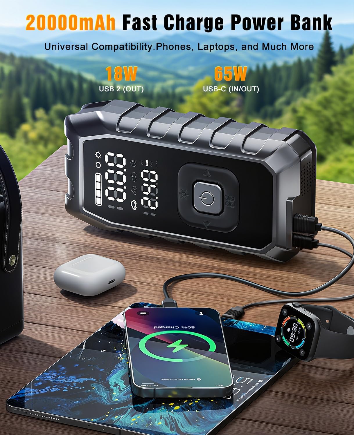 Portable Jump Pack with Air Compressor,65W Fast Charge 180PSI Cordless Electric Tire Inflator with Digital Pressure Gauge,Jump Starter Auto-Off for Car Bicycle Inflatable,Battery Booster with Light