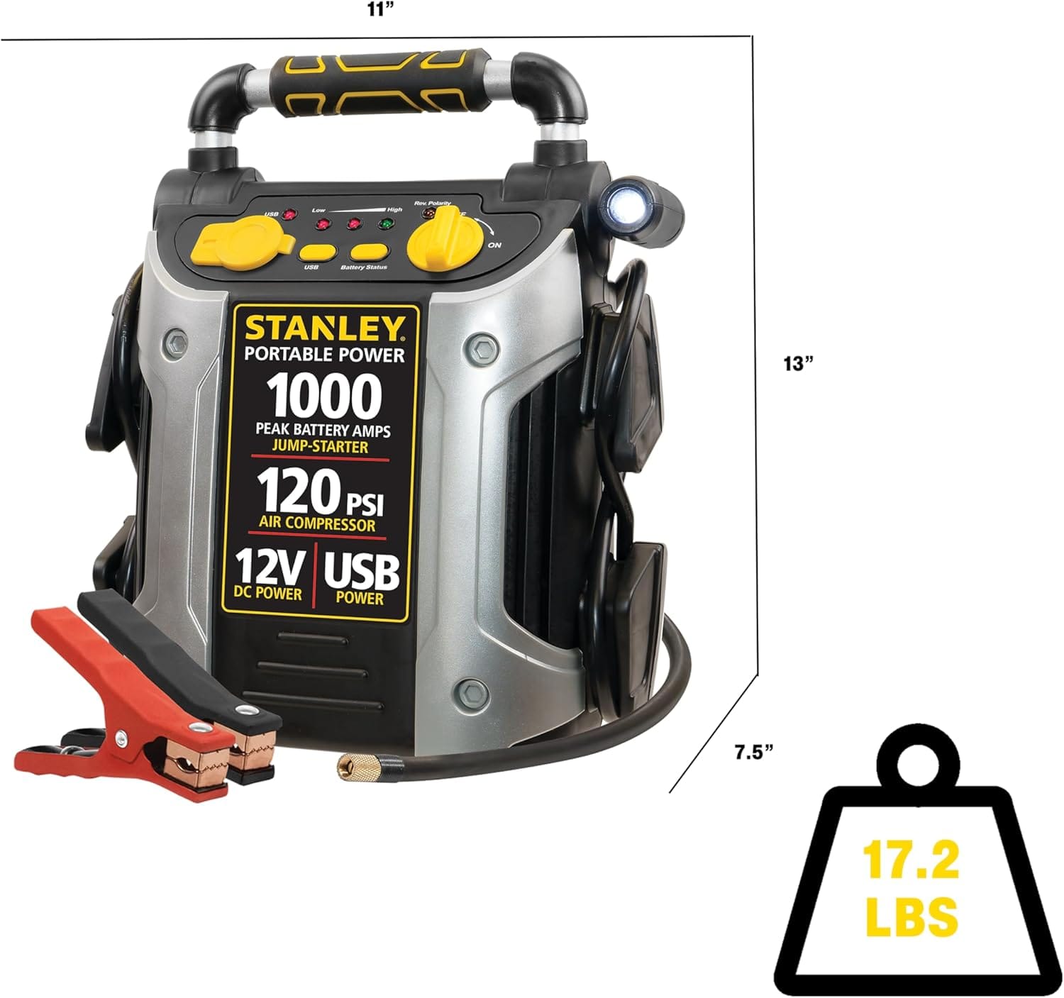 STANLEY J5C09D 1200 Peak Amp Automotive Jump Starter, Portable Power – 2.1A/10W USB Port, 120 PSI Air Compressor