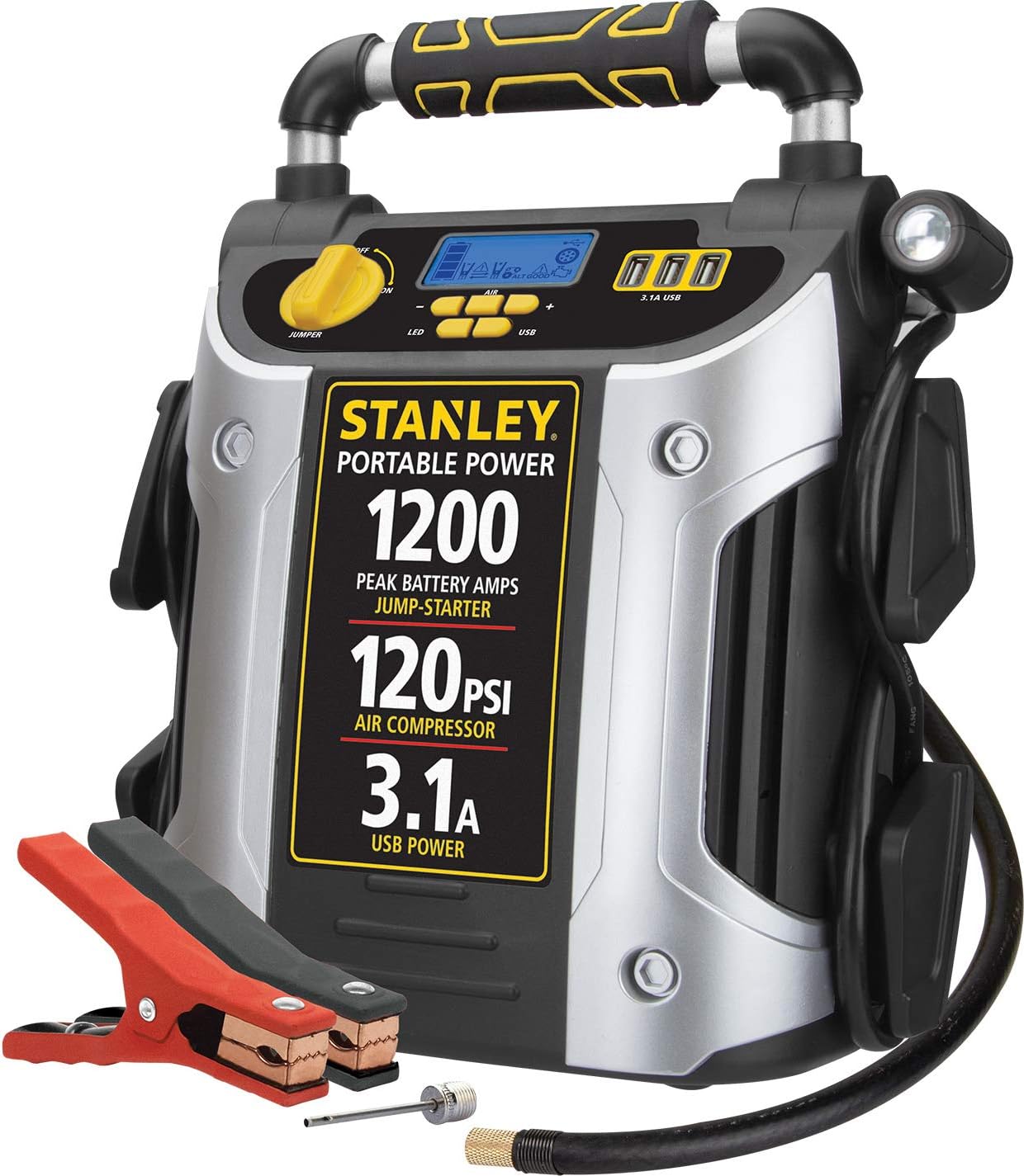 STANLEY J5C09D 1200 Peak Amp Automotive Jump Starter, Portable Power – 2.1A/10W USB Port, 120 PSI Air Compressor