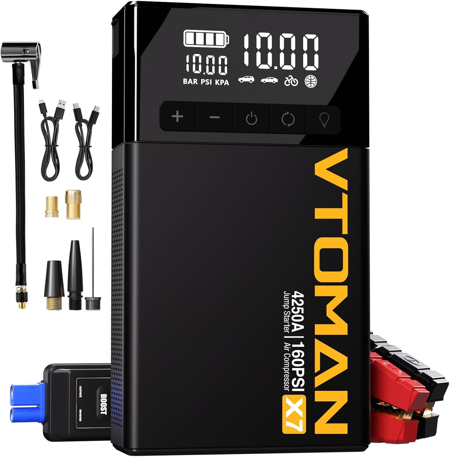 VTOMAN X7 Jump Starter with Air Compressor, 4250A160PSI Battery Car Jumper Starter Portable Booster Pack (10L Gas/10L Diesel) with Tire Inflator, 12V Lithium Jump Box for Pickup Trucks  Suvs, QC 3.0