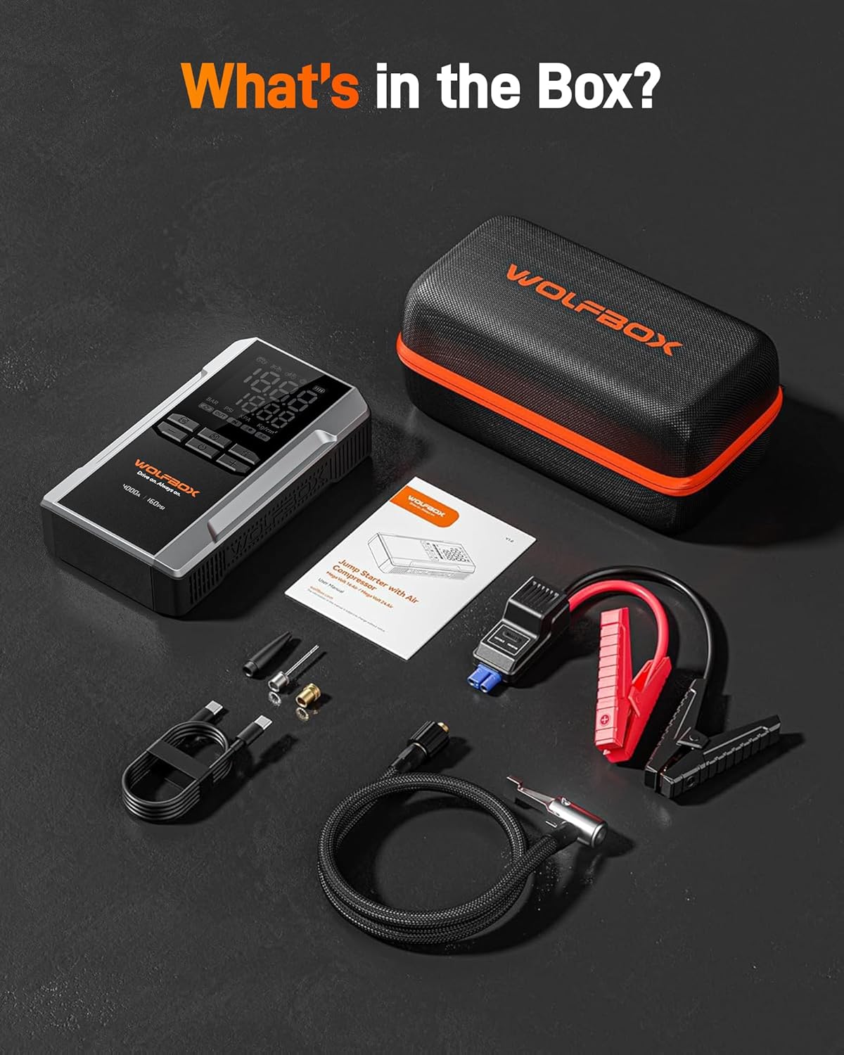 WOLFBOX 4000A Jump Starter with 160PSI Air Compressor, 12V Car Battery Booster, 65W Fast Charge, 24000mAh Portable Tire Inflator, LED Display for 10L Gas  10L Diesel Engines, LED Light, Jumper Cables